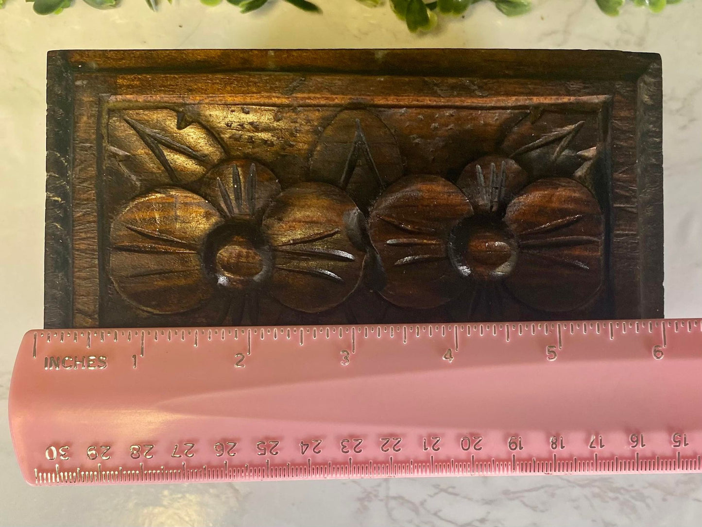 Vintage hand carved wood trinket box with lid - wood carved flower motif on top - mexico