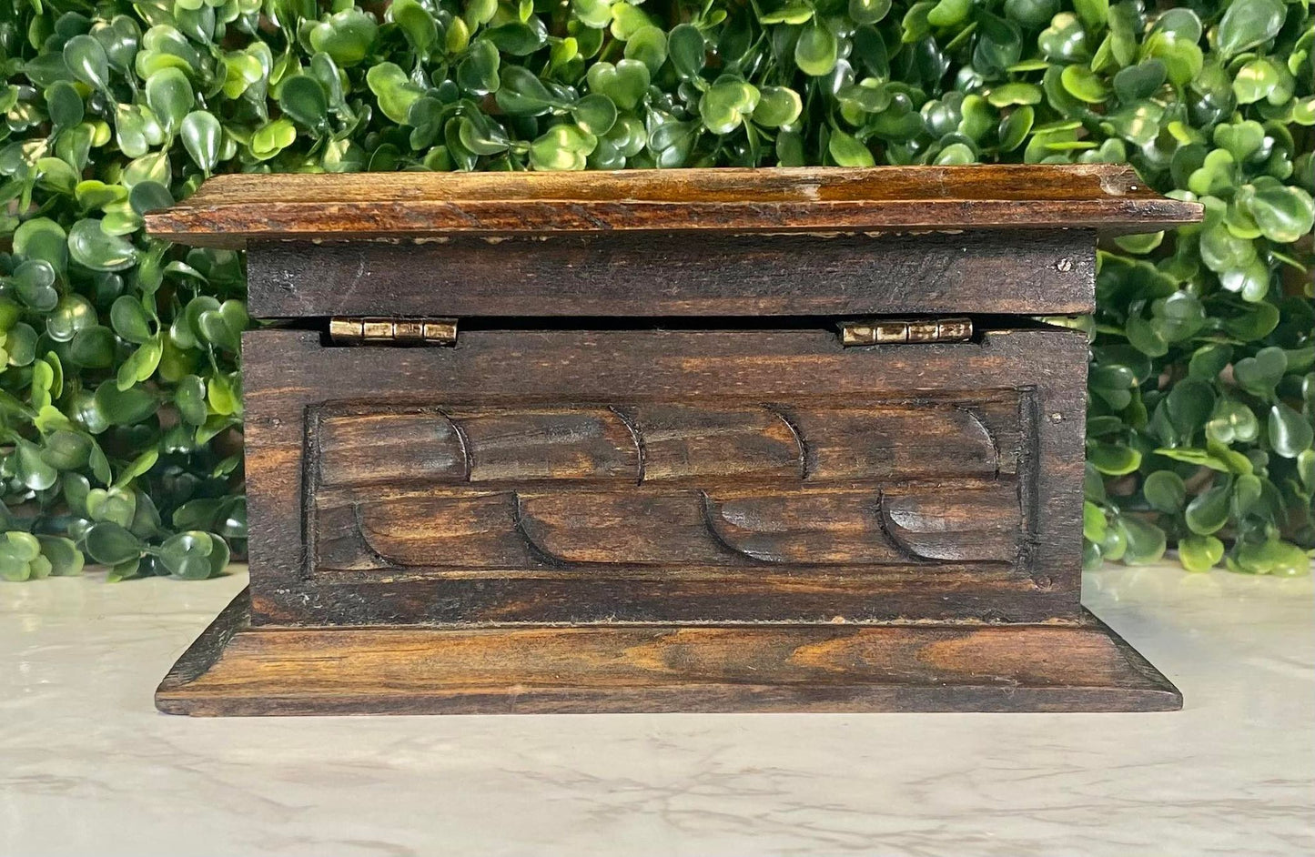 Vintage hand carved wood trinket box with lid - wood carved flower motif on top - mexico