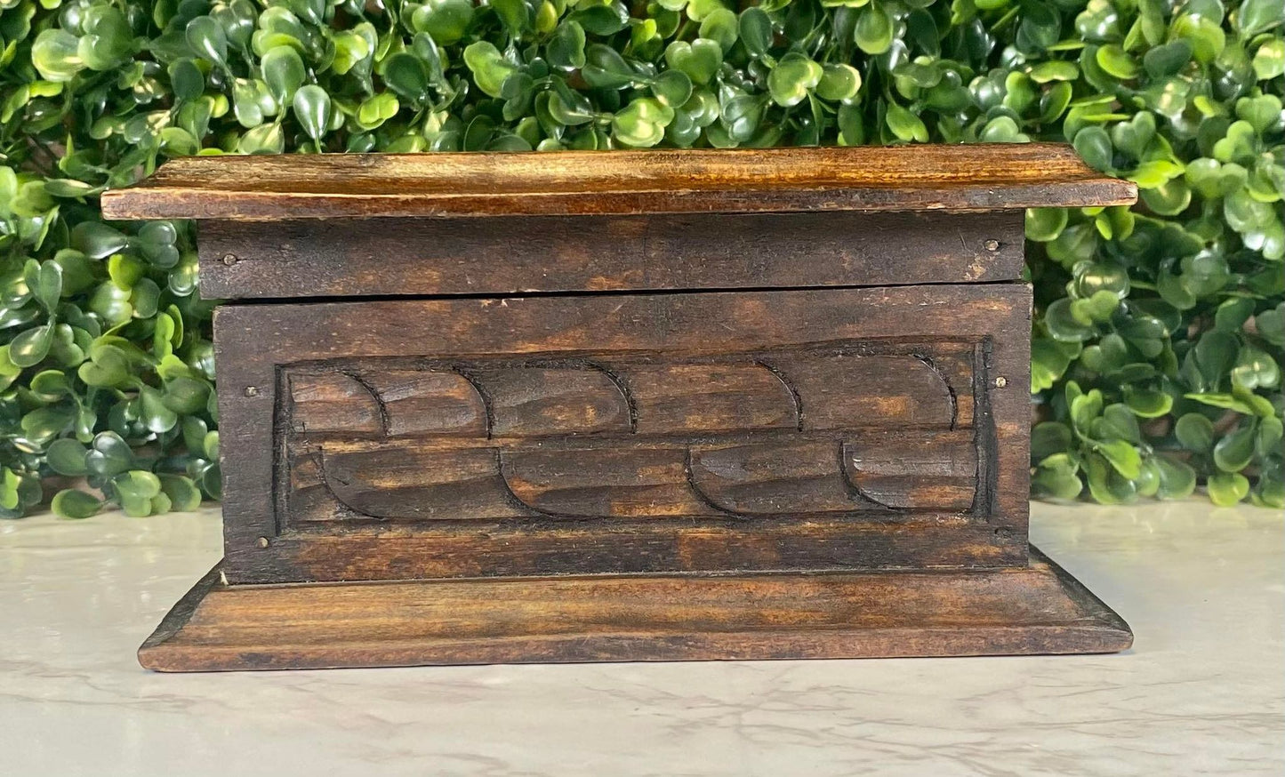 Vintage hand carved wood trinket box with lid - wood carved flower motif on top - mexico