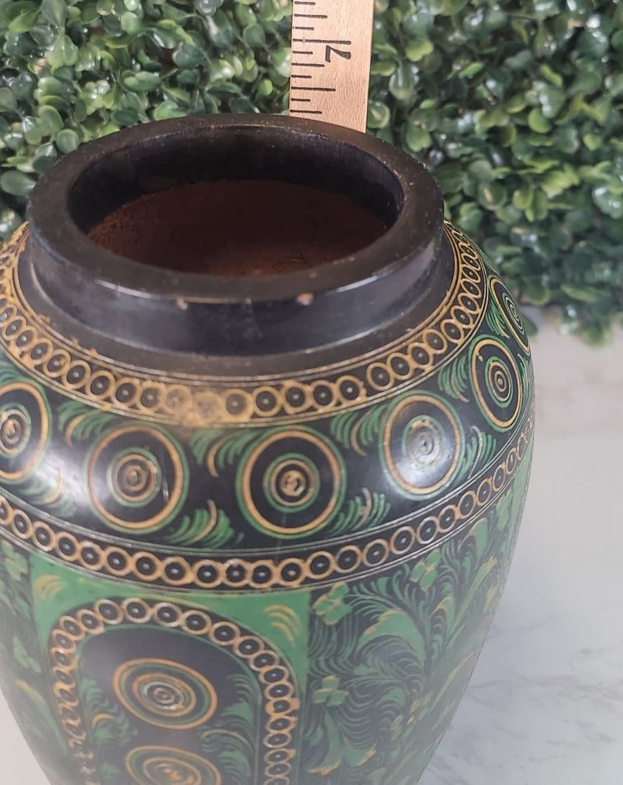 Vintage Bohemain handmade painted wood GREEN & BLACK