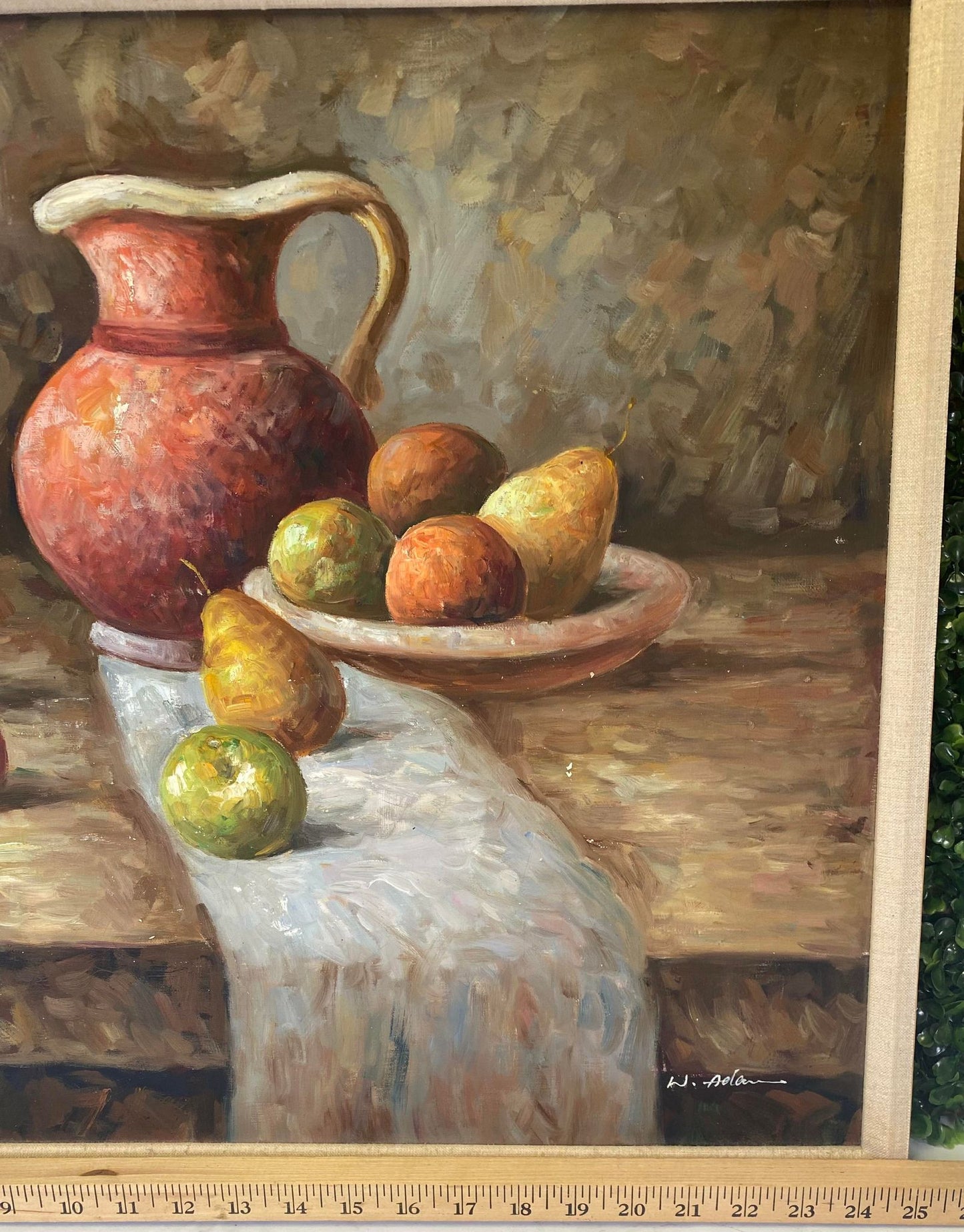 Vintage signed still life painting of table scape & pears - fall - thanksgiving