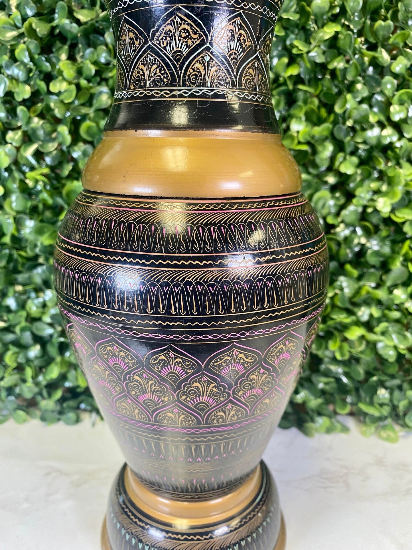 Bohemain handmade painted wood vase - pink - gold