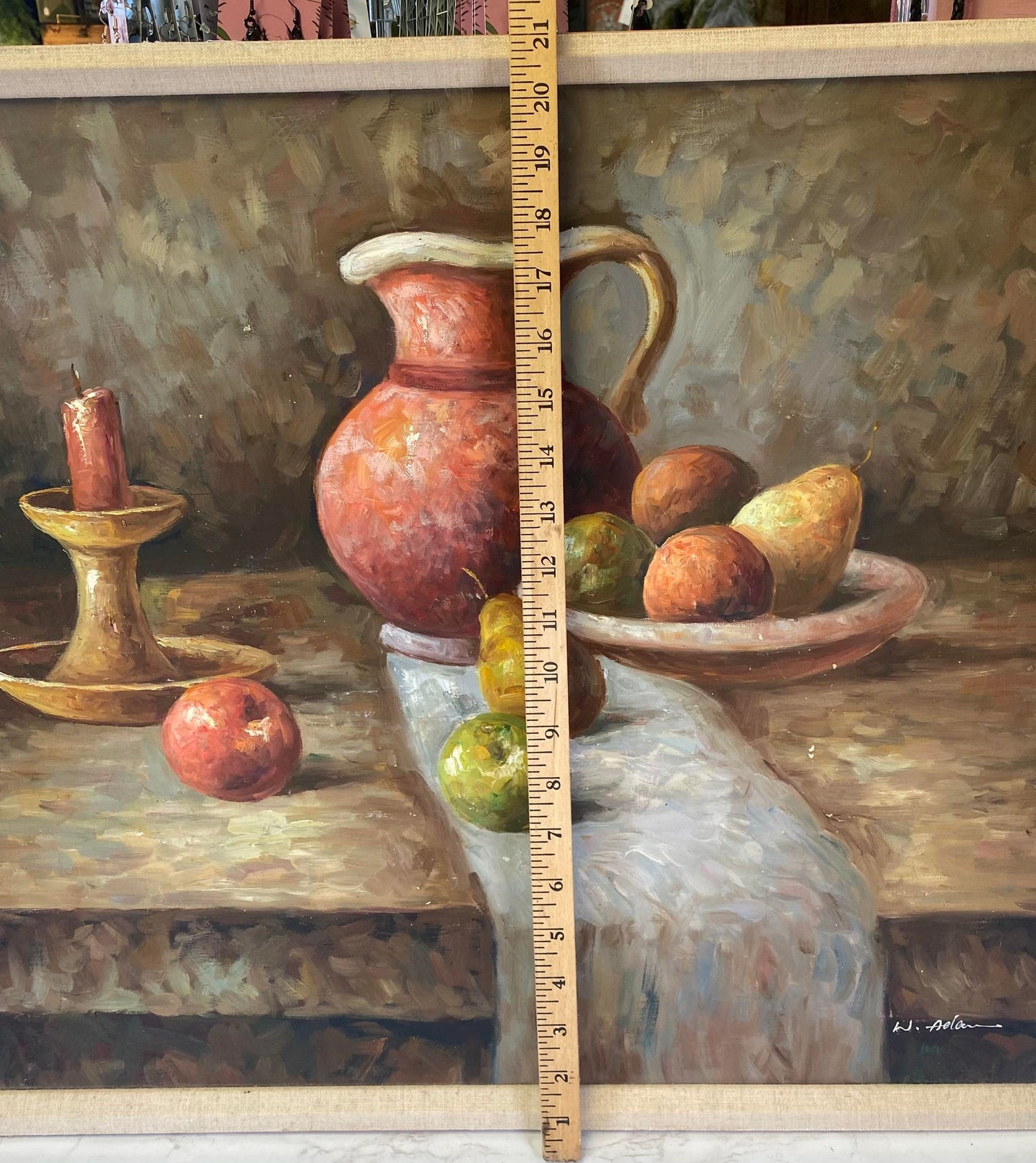 Vintage signed still life painting of table scape & pears - fall - thanksgiving