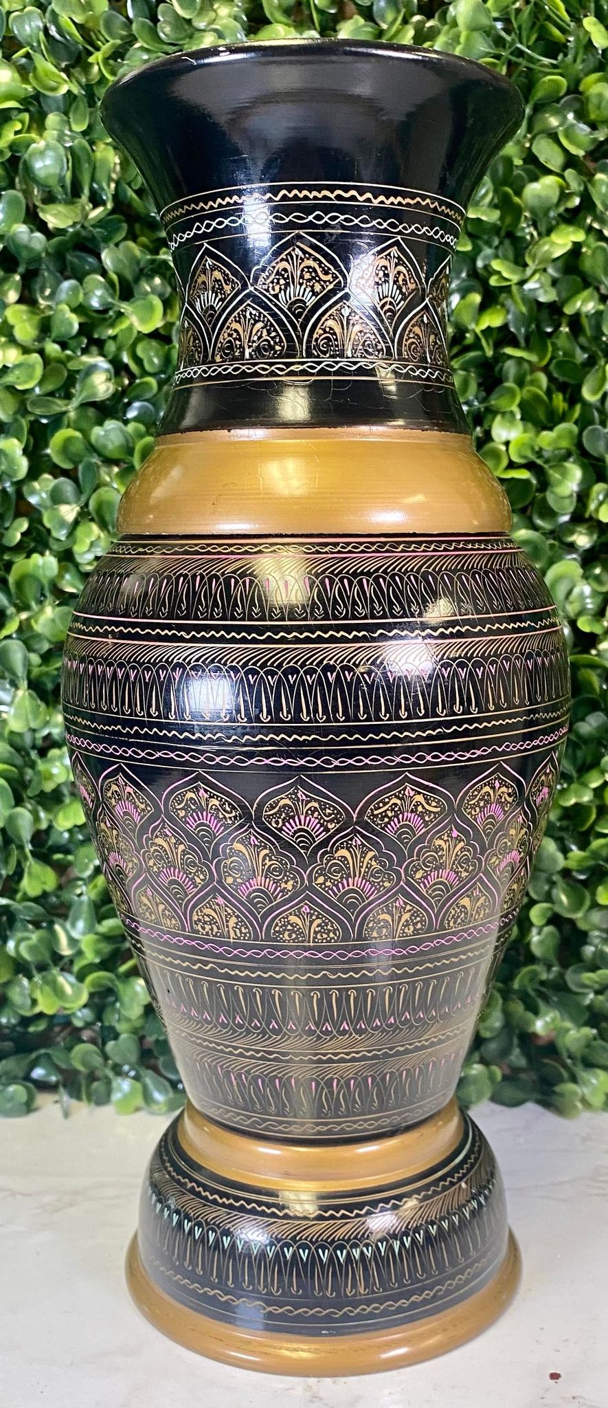 Bohemain handmade painted wood vase - pink - gold