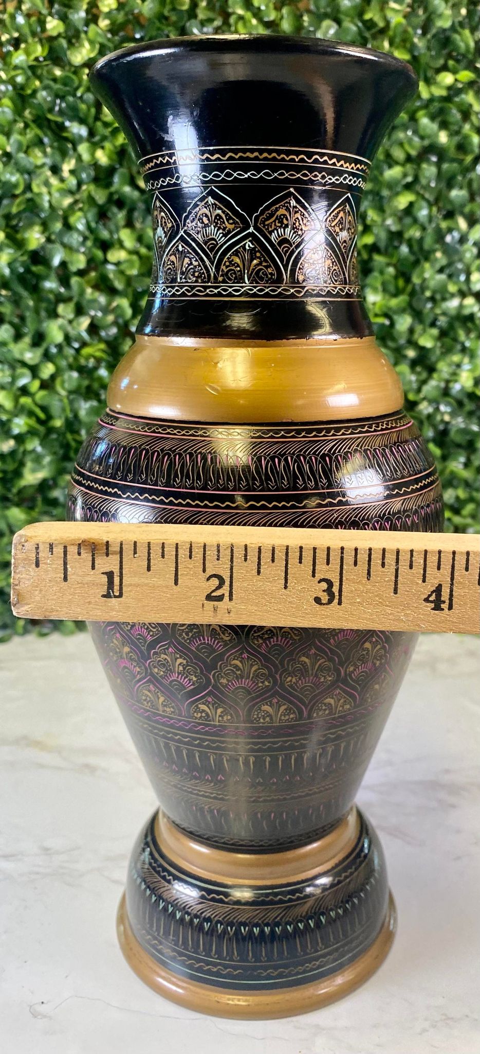 Bohemain handmade painted wood vase - pink - gold