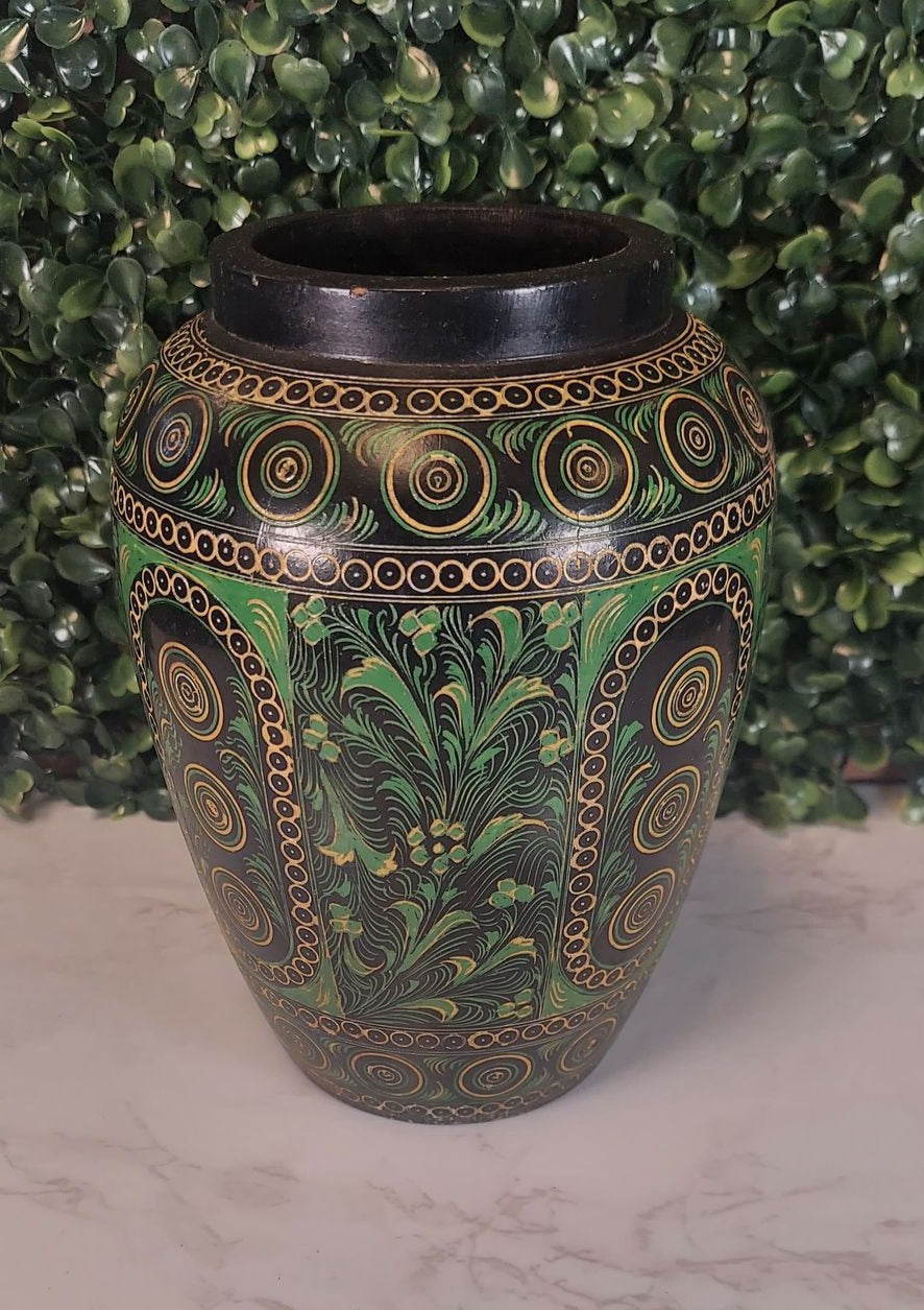 Vintage Bohemain handmade painted wood GREEN & BLACK