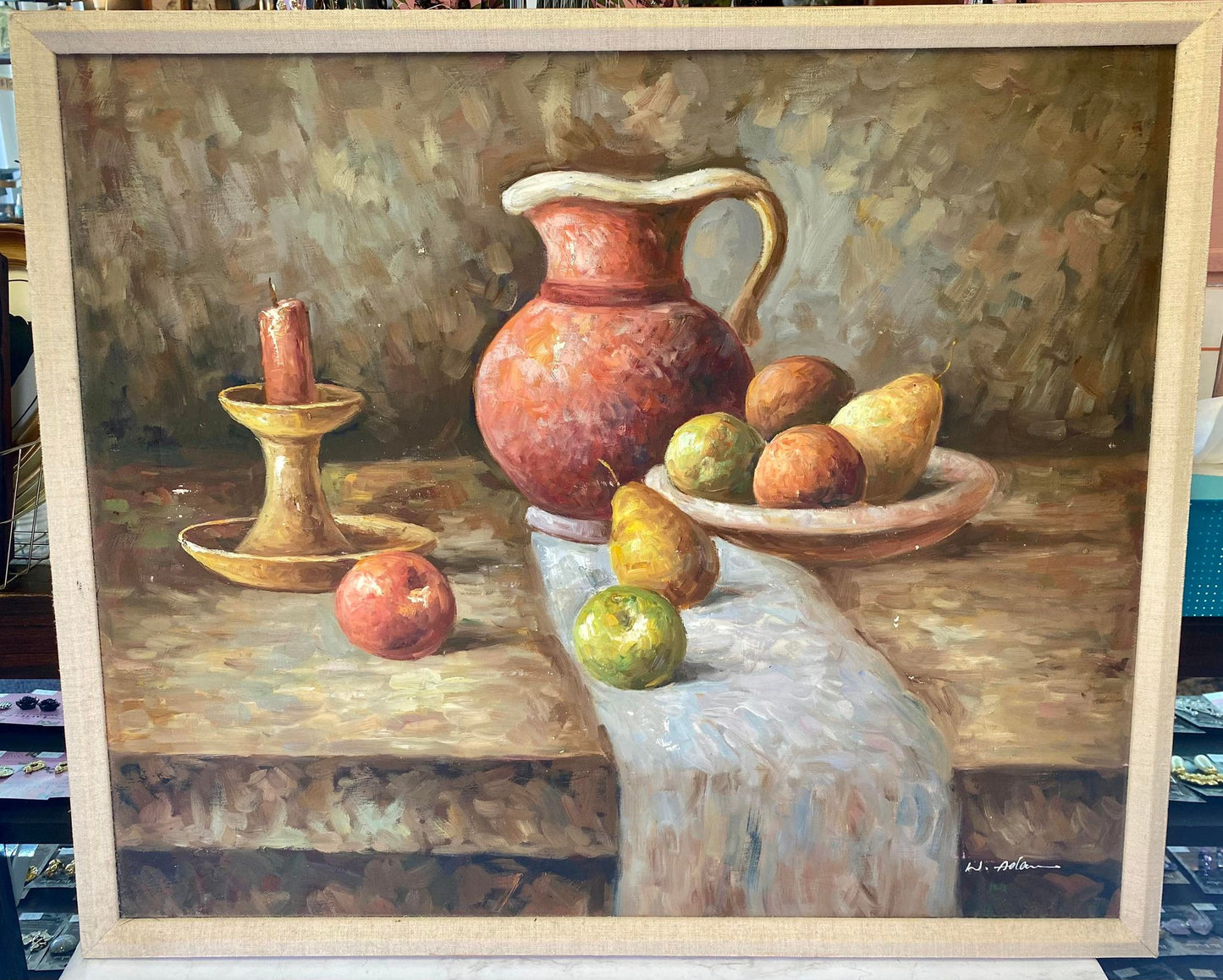 Vintage signed still life painting of table scape & pears - fall - thanksgiving