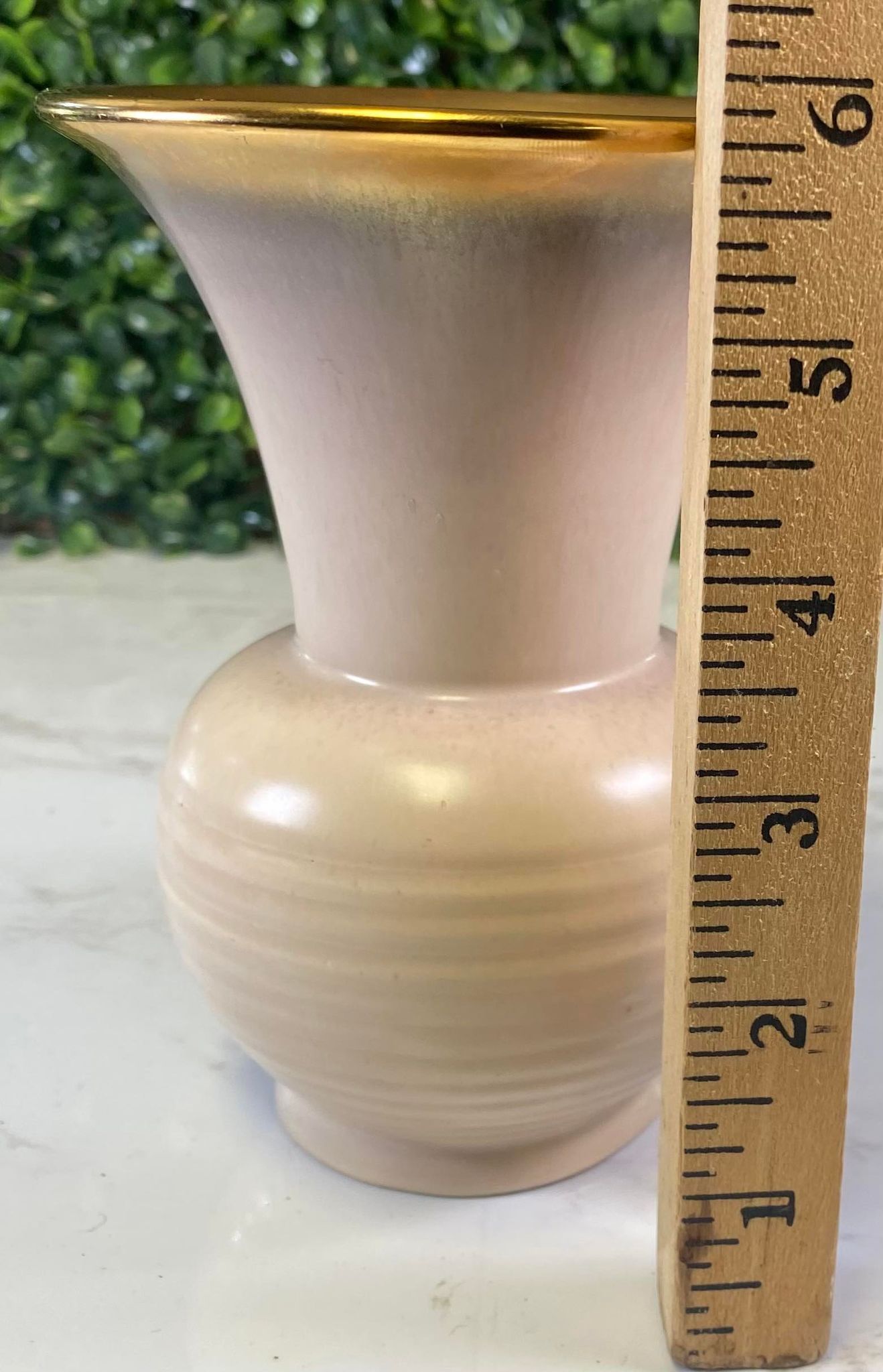 Vintage Gold rimmed peach mid century vase