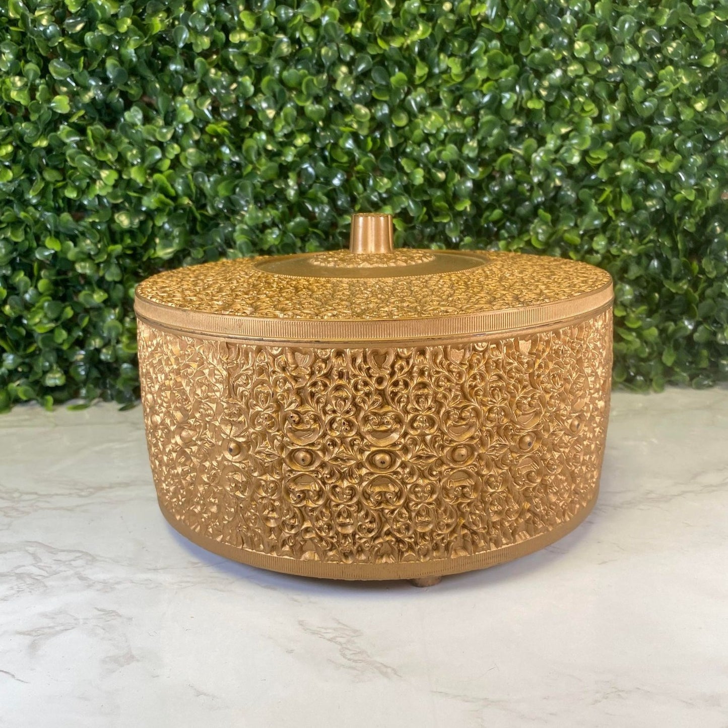 Vintage Mid Century Large gold filagree Footed Plastic Storage With Lid - ornate