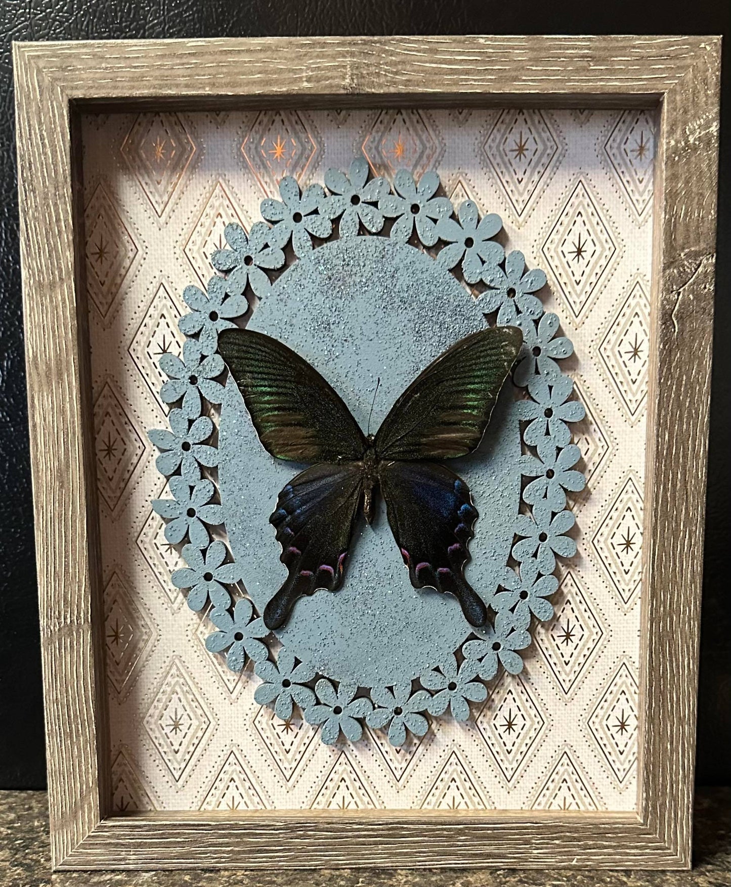 Gray framed Glitter blue plaque butterfly