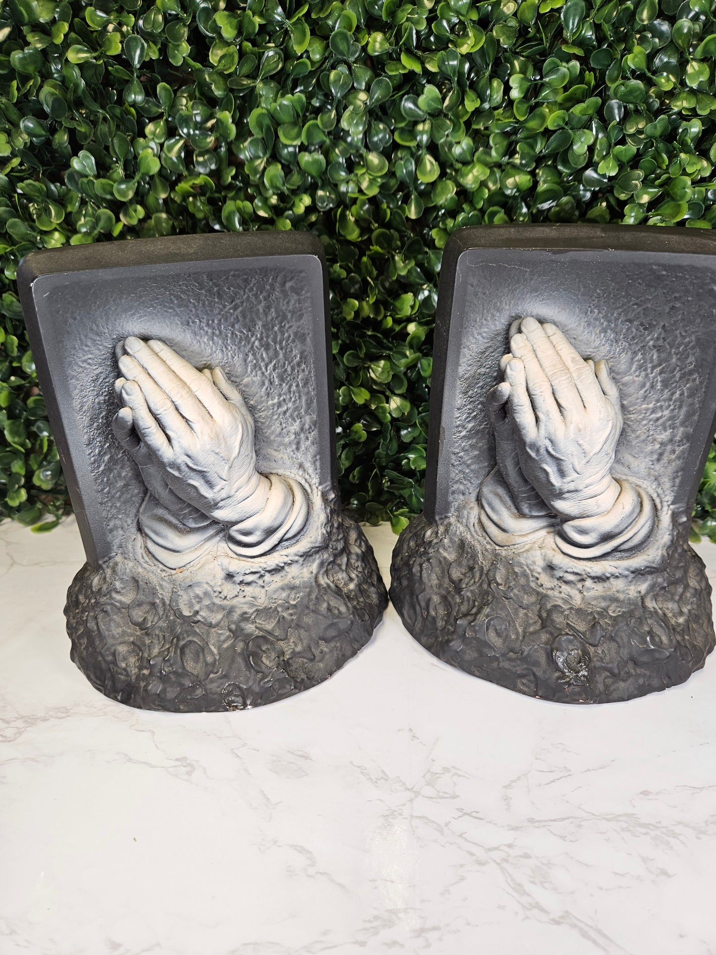 Vintage black & white religious praying hand book ends - bookends- chalkware 1960s