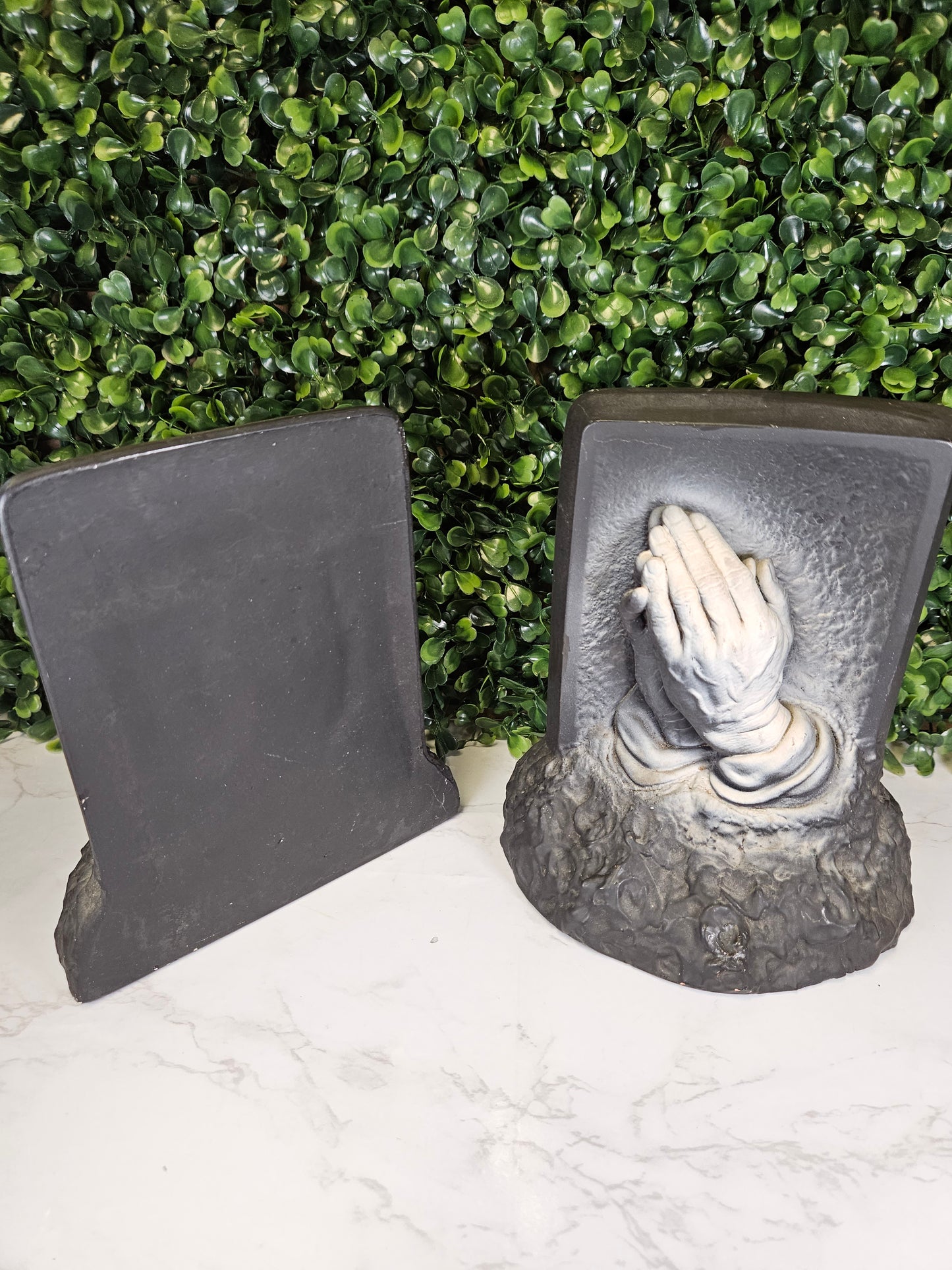 Vintage black & white religious praying hand book ends - bookends- chalkware 1960s