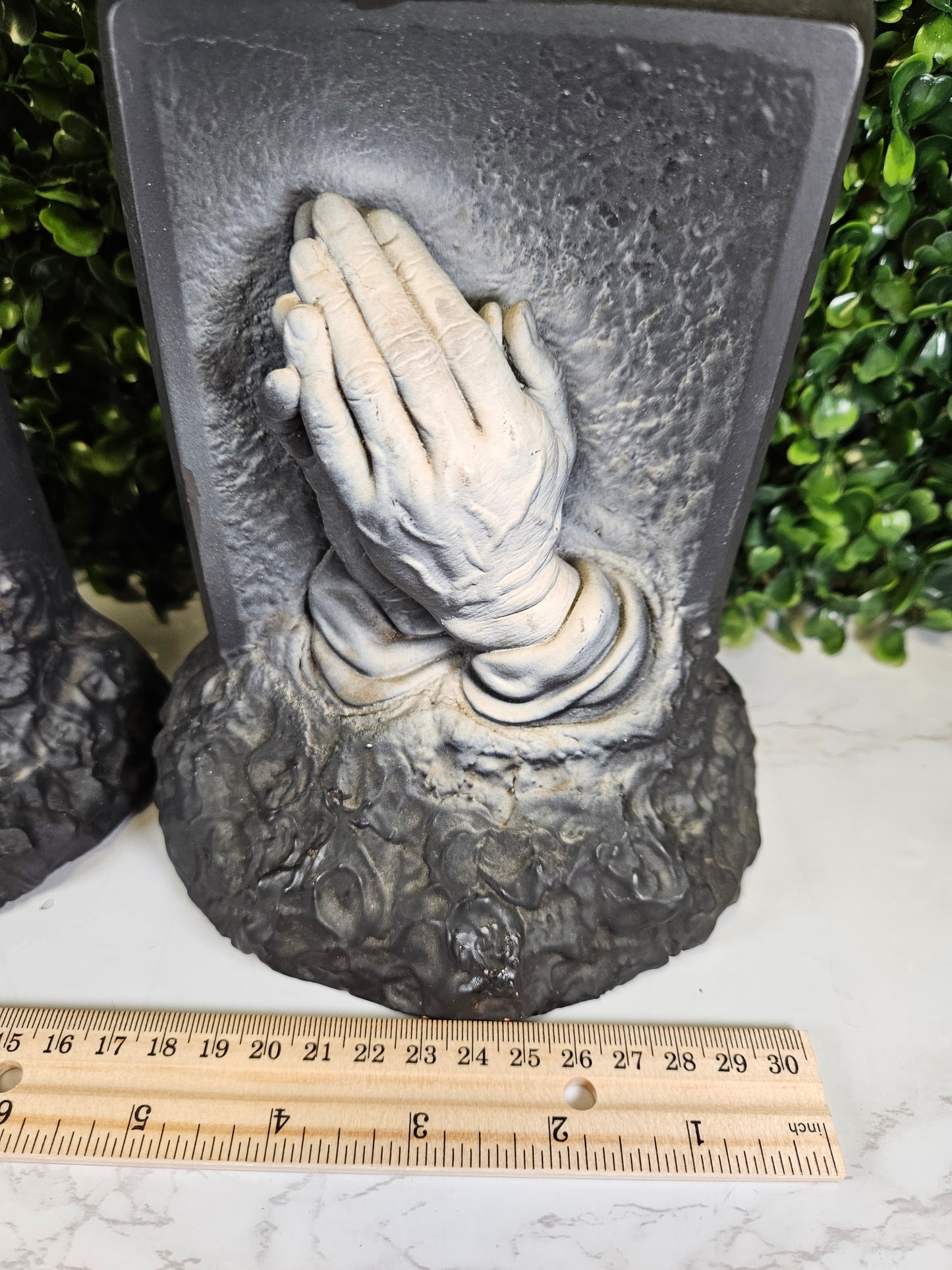 Vintage black & white religious praying hand book ends - bookends- chalkware 1960s