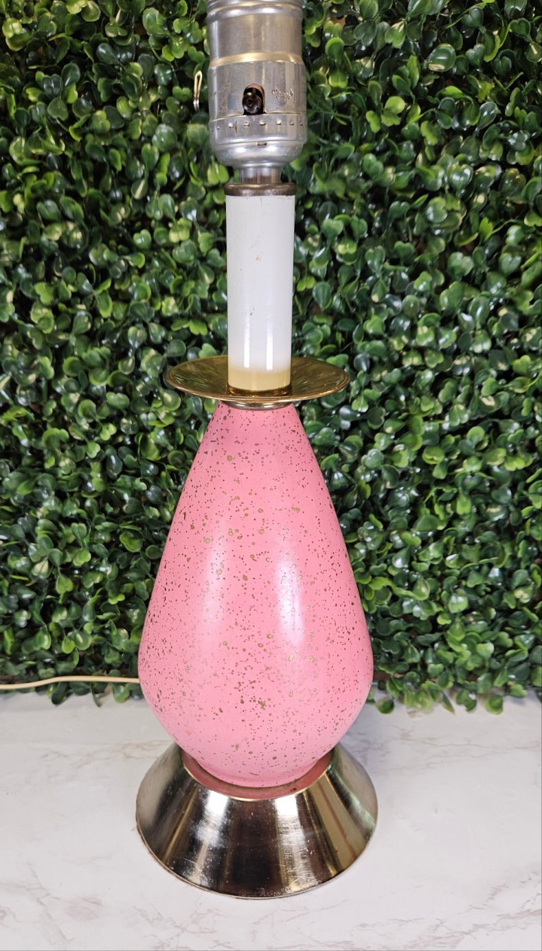 Vintage Mid Century Pink Speckled ceramic Atomic Table Bedroom Lamp Works - bedside