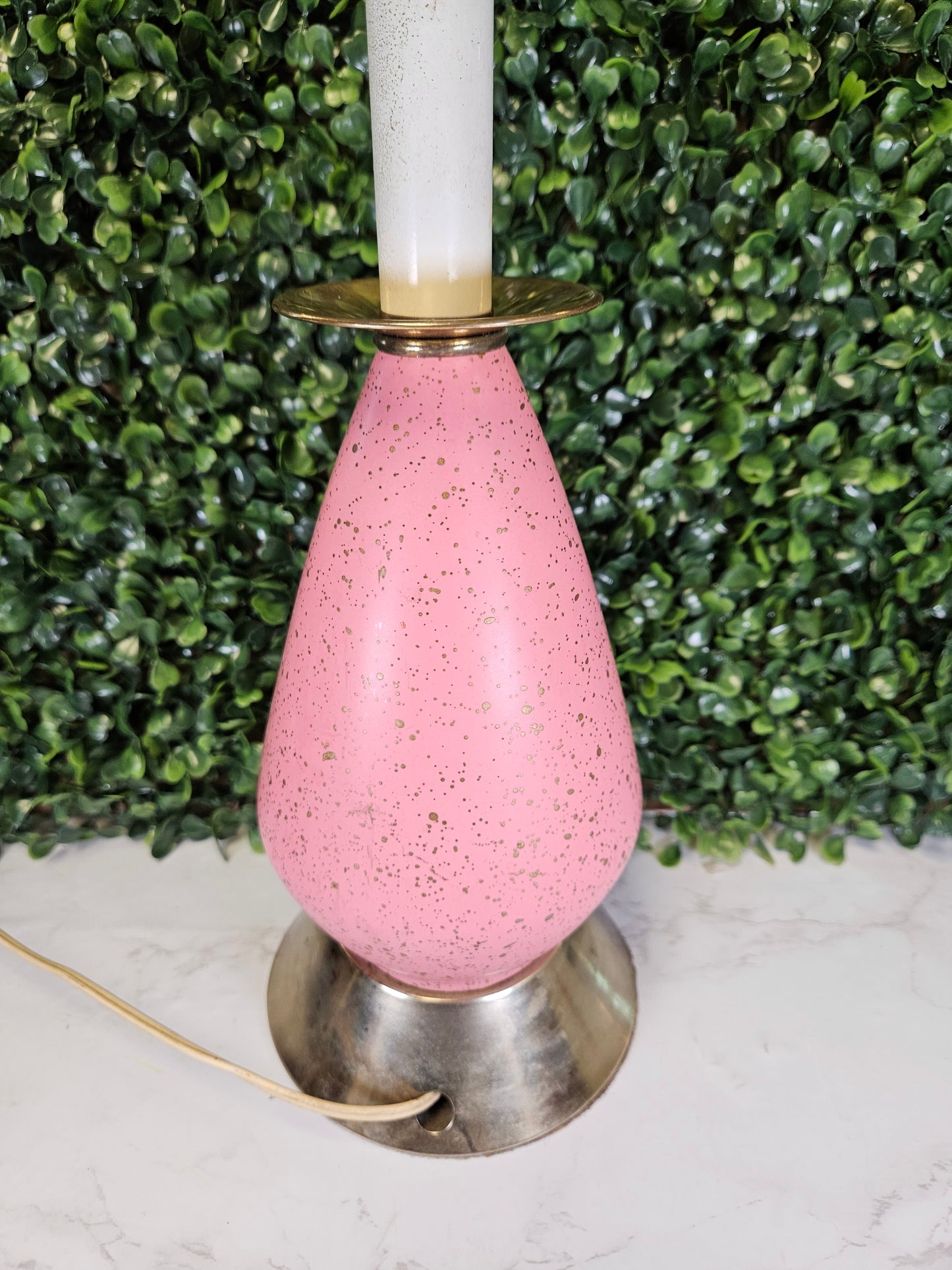 Vintage Mid Century Pink Speckled ceramic Atomic Table Bedroom Lamp Works - bedside