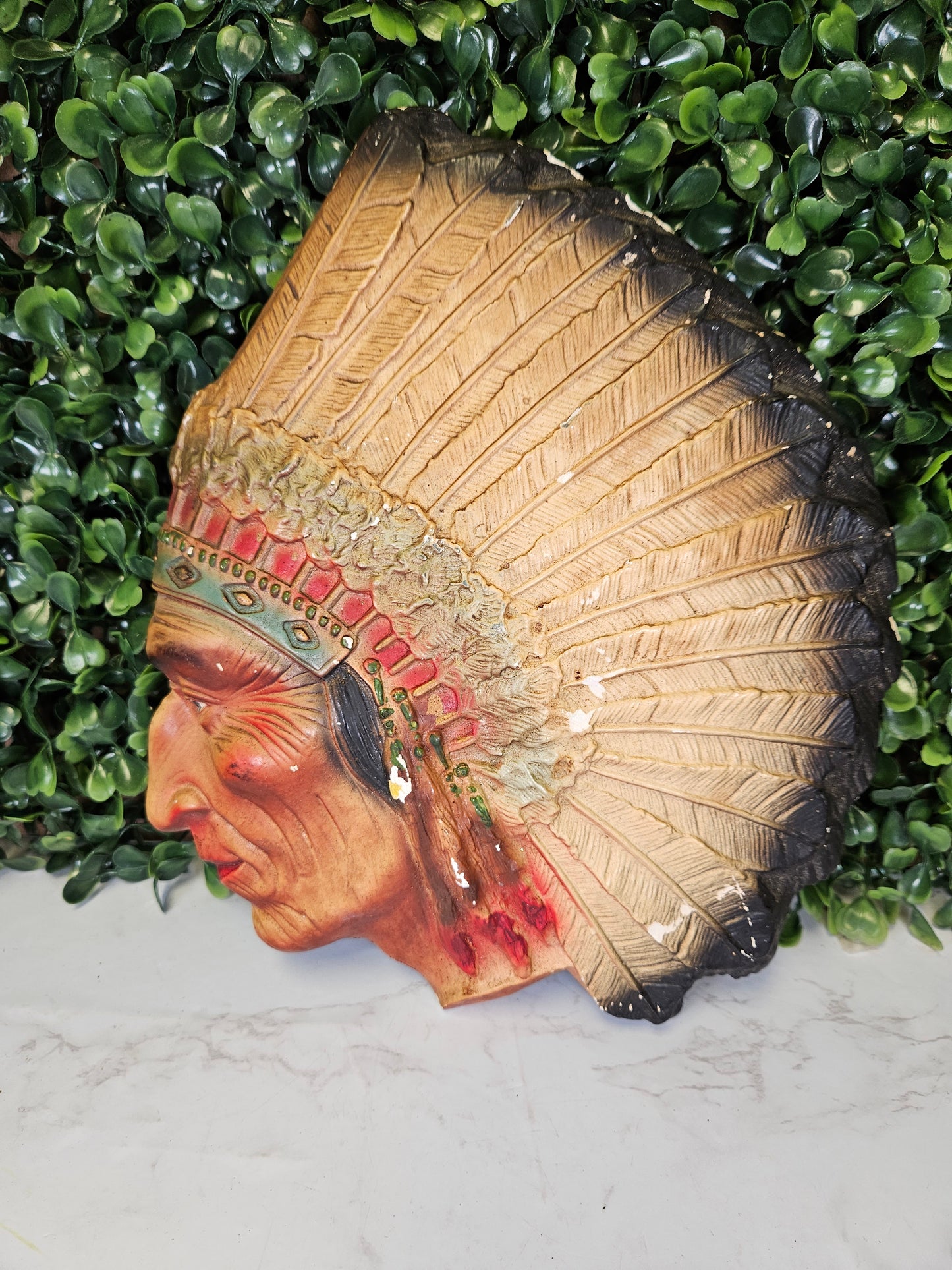 Vintage Indian Chief wall plaque chalk-ware plaster painted Native American head-chippy patina 1940s