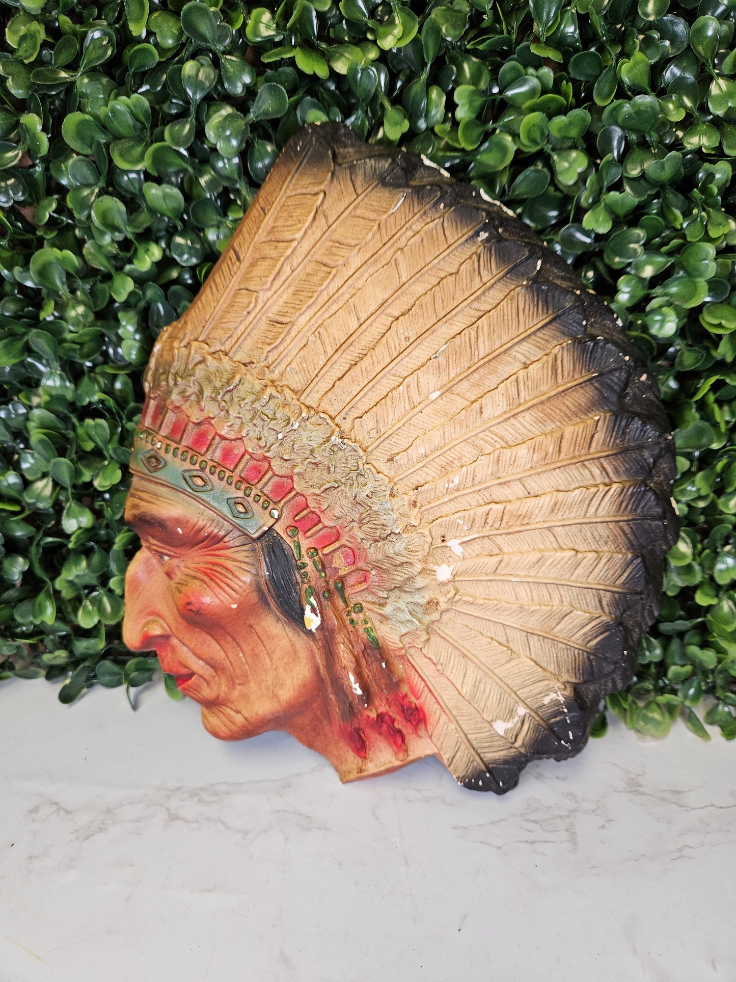 Vintage Indian Chief wall plaque chalk-ware plaster painted Native American head-chippy patina 1940s