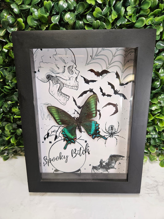 SPOOKY BITCH light pink framed Green butterfly