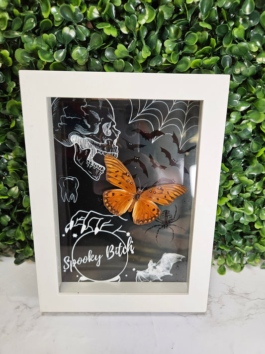 SPOOKY BITCH black & white framed orange butterfly