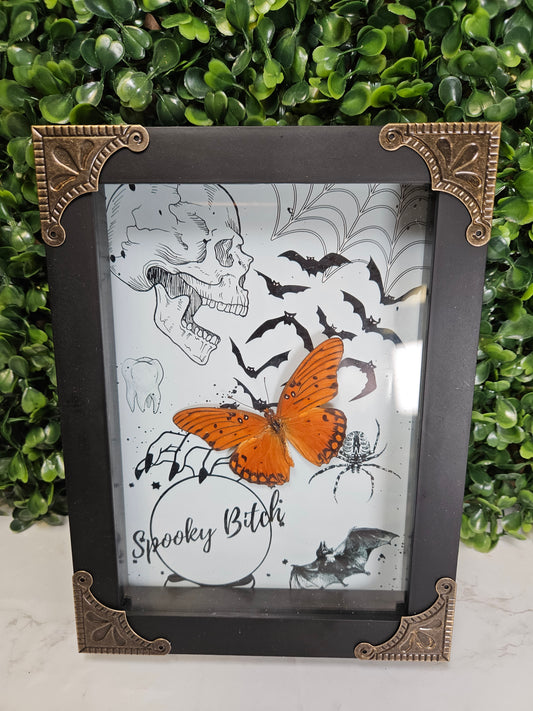 SPOOKY BITCH black & white framed orange butterfly