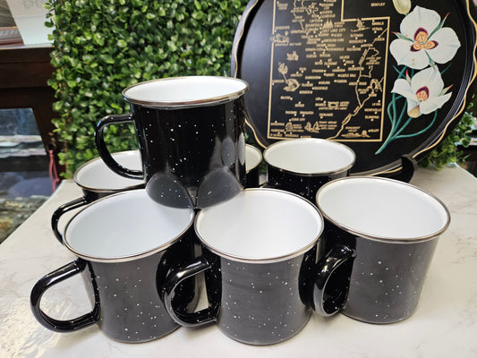 Set of 7 black enamel speckle camping mugs