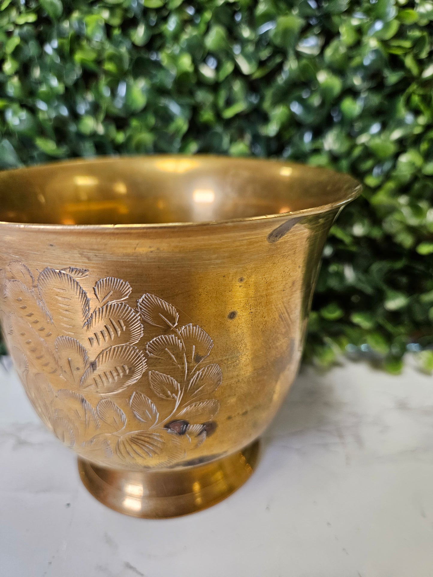 Vintage Etched Brass Cup - planter