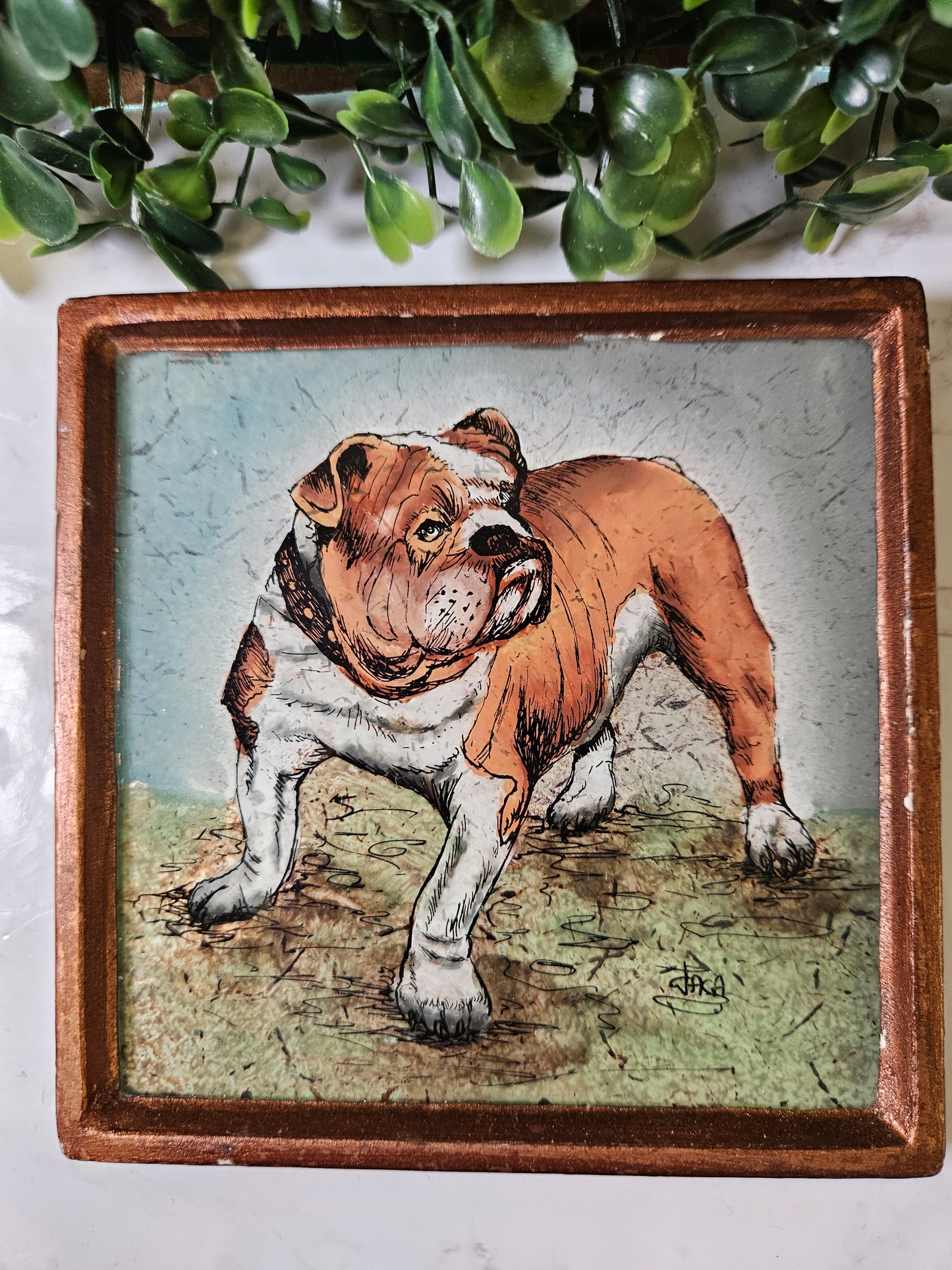 Vintage bulldog Robert M. Weiss Handmade in Peru Painted dog picture - reverse