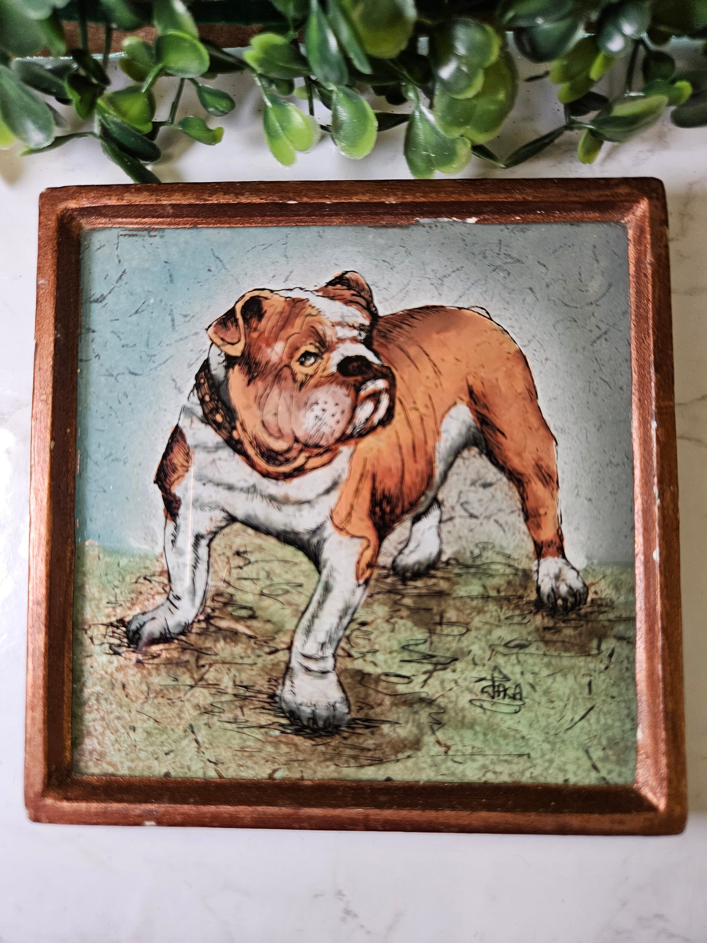 Vintage bulldog Robert M. Weiss Handmade in Peru Painted dog picture - reverse