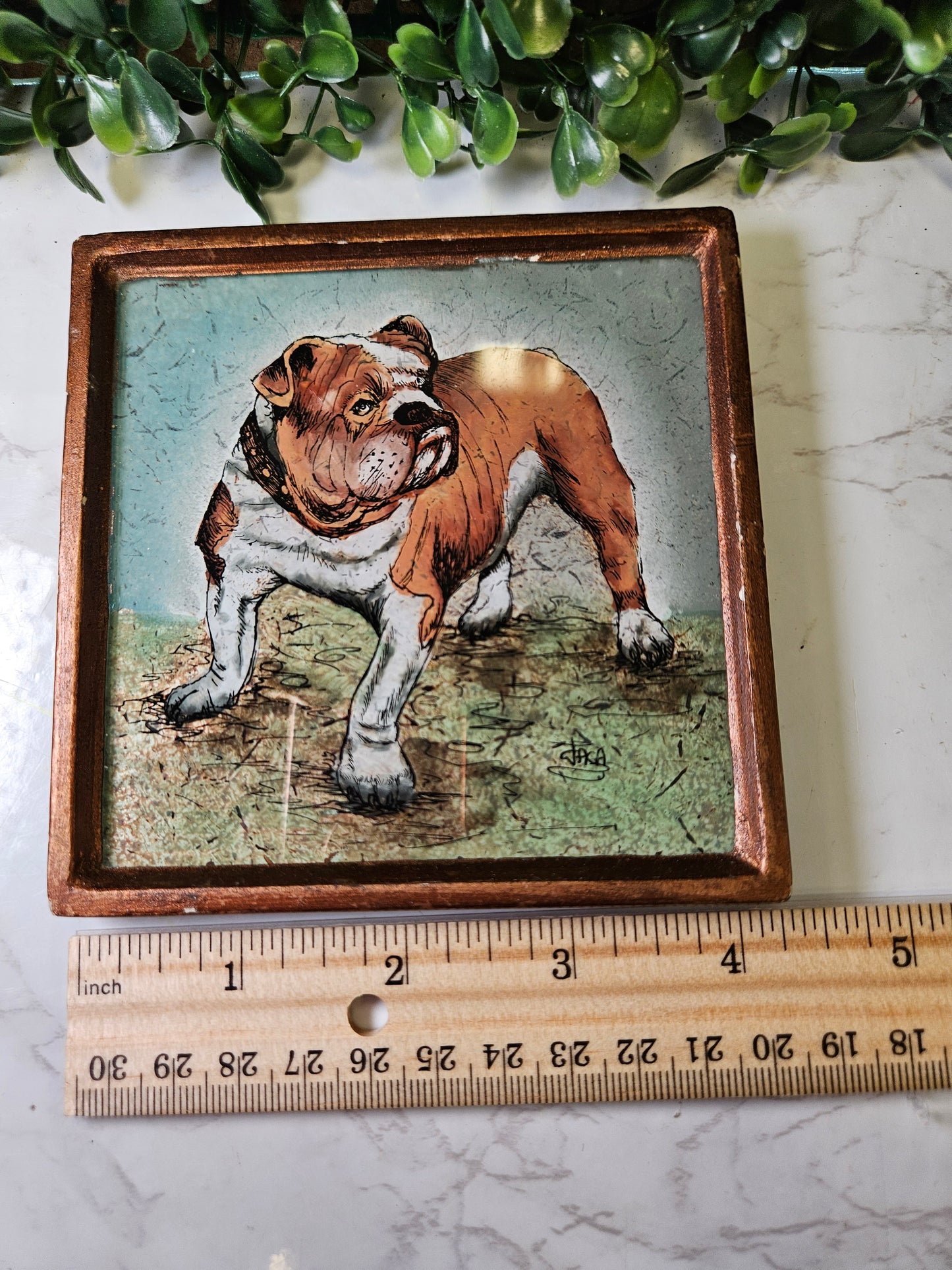 Vintage bulldog Robert M. Weiss Handmade in Peru Painted dog picture - reverse