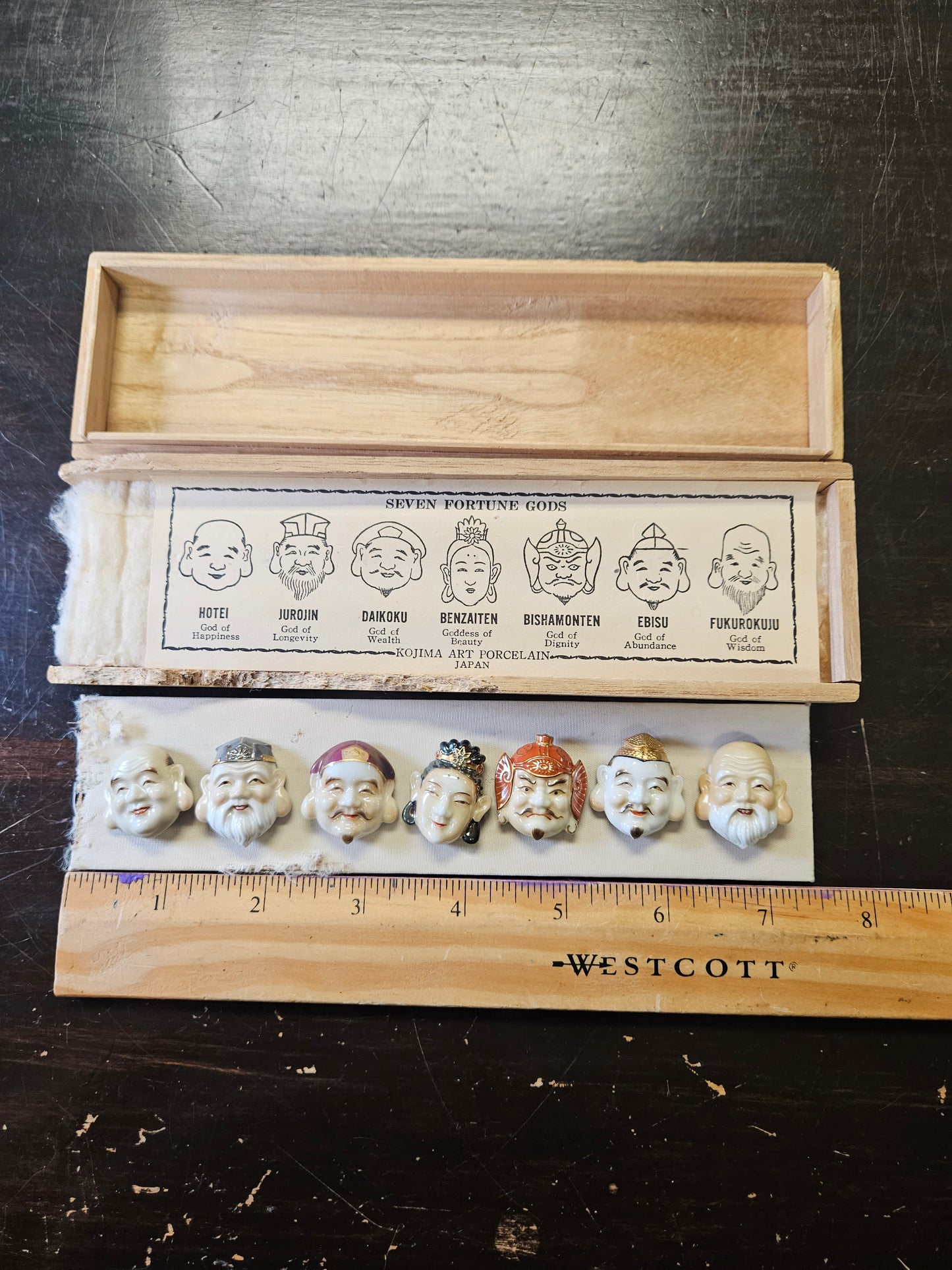 Vintage Toshikane Japan Seven Gods Of Fortune Art Porcelain Buttons 1940's - rare