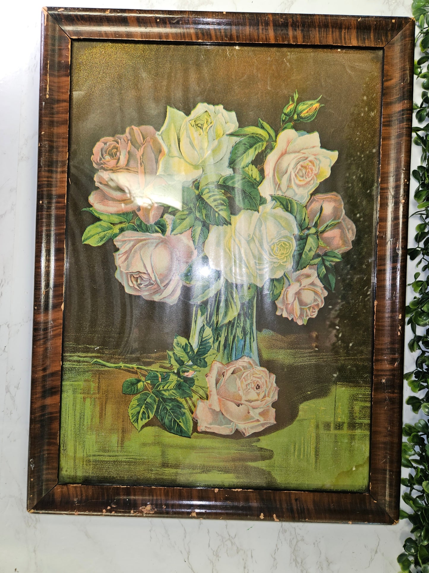 ANTIQUE FRAMED Litho- LITHOGRAPH Print 1911 PINK ROSES  James Lee Chicago IL - VINTAGE