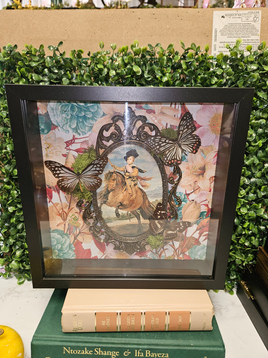 Vintage ornate Italy framed butterfly trio in black shadow box victorian