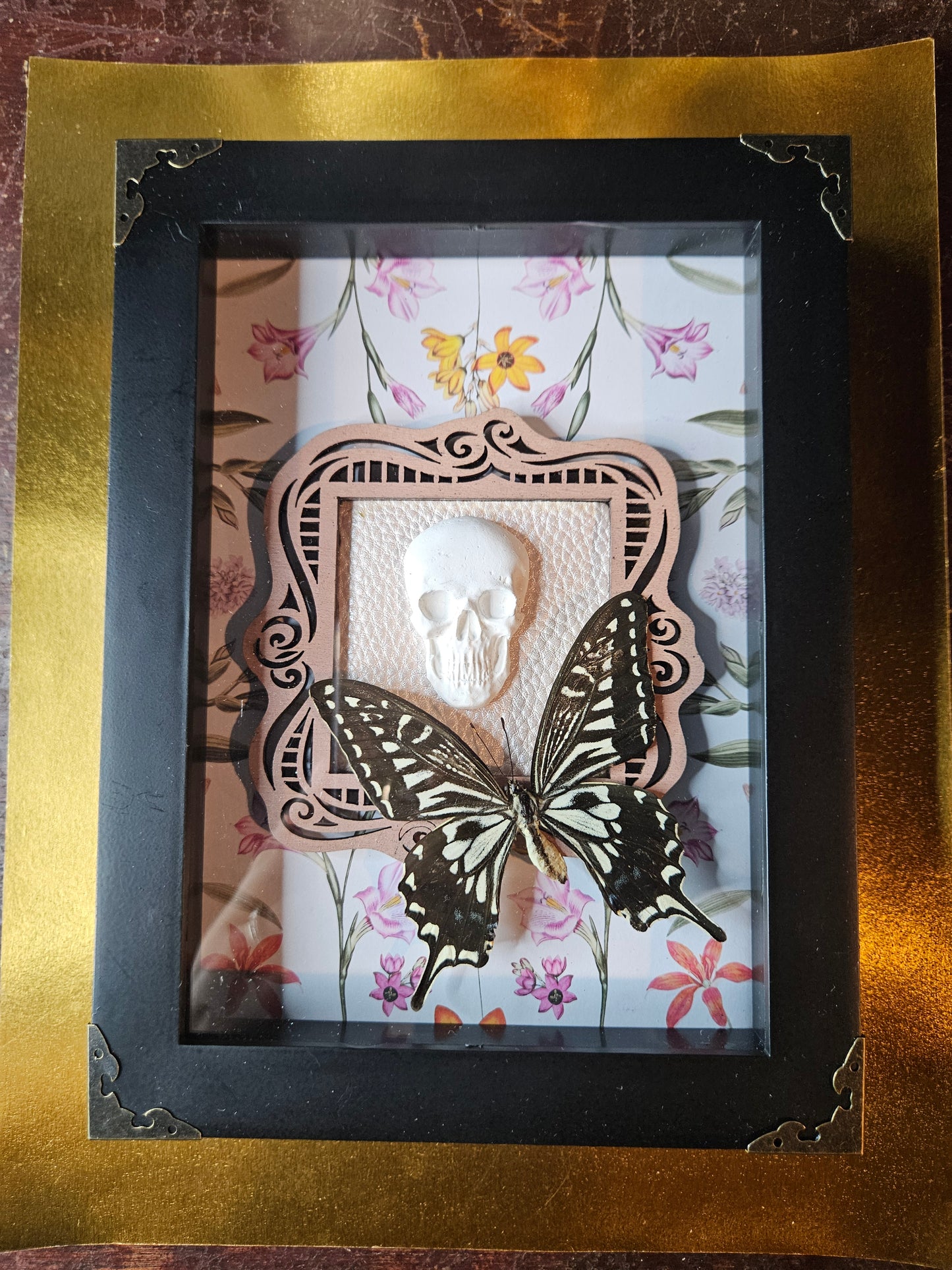 Pink floral skull butterfly frame