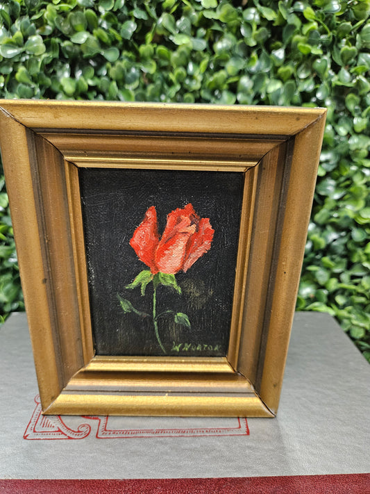 Vintage gold framed red rose painting signed