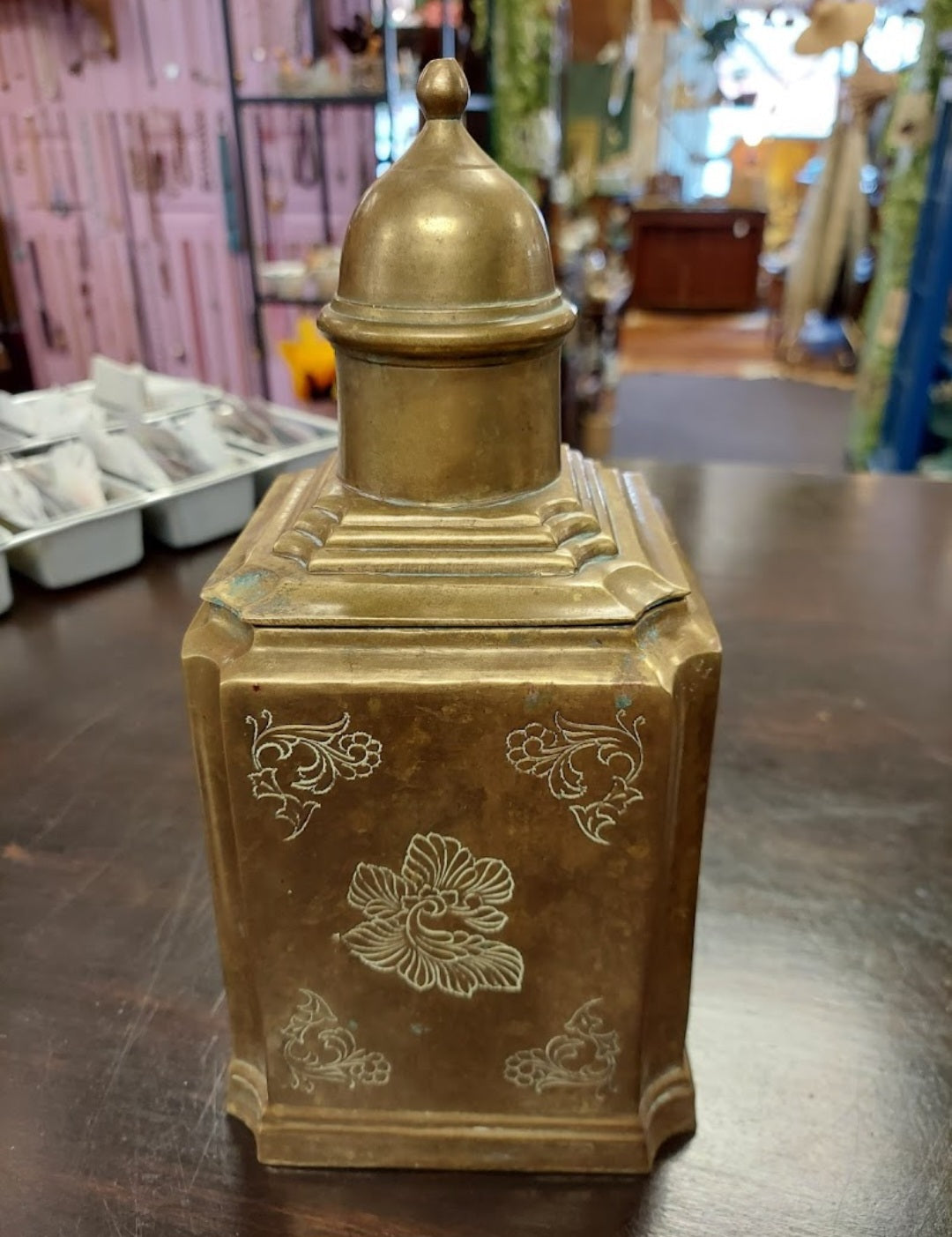 Vintage brass lided jar/ urn - canister floral engraved spice jar tea - bisquit