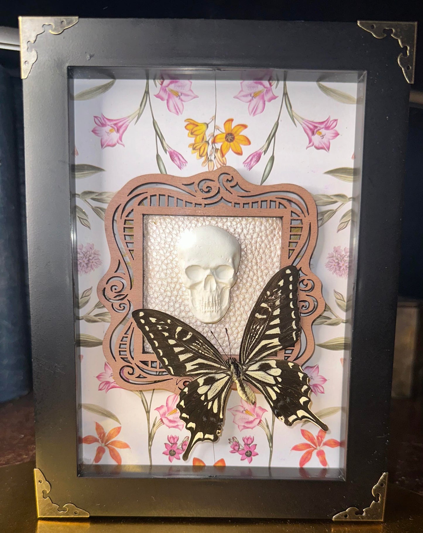 Pink floral skull butterfly frame