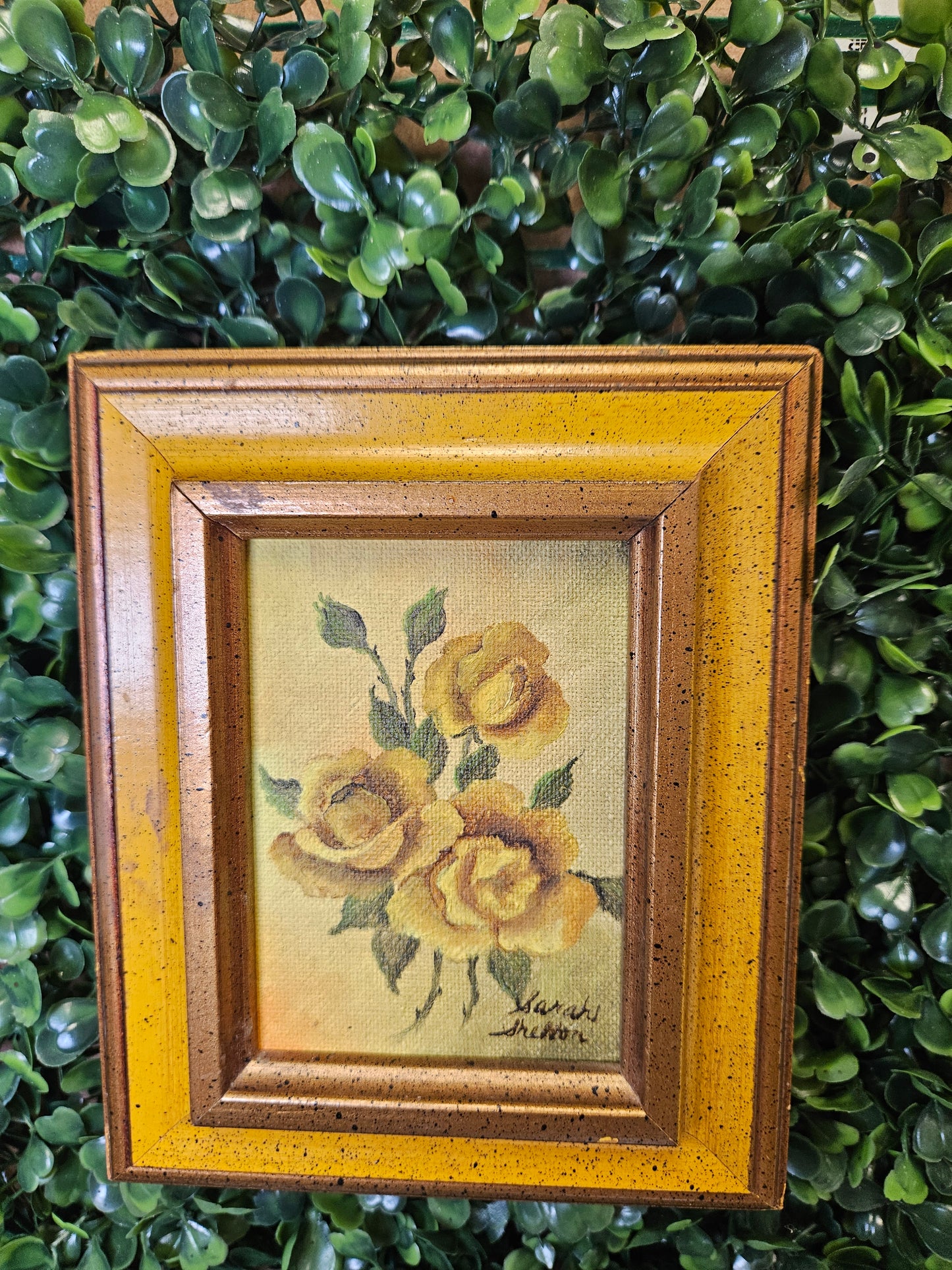 Sm. Vintage yellow roses signed painting - yellow frame