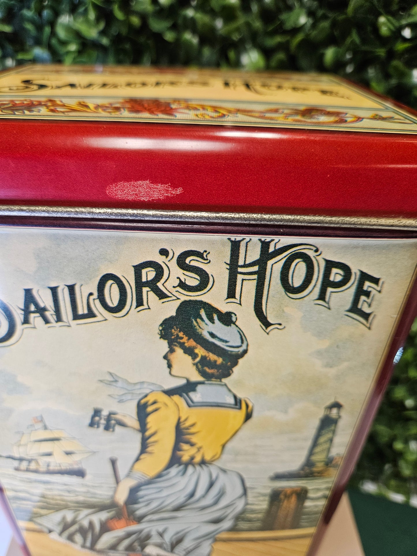 Vintage tin sailor's hope seaside red tin tobacco tin - beach - ocean - sailor