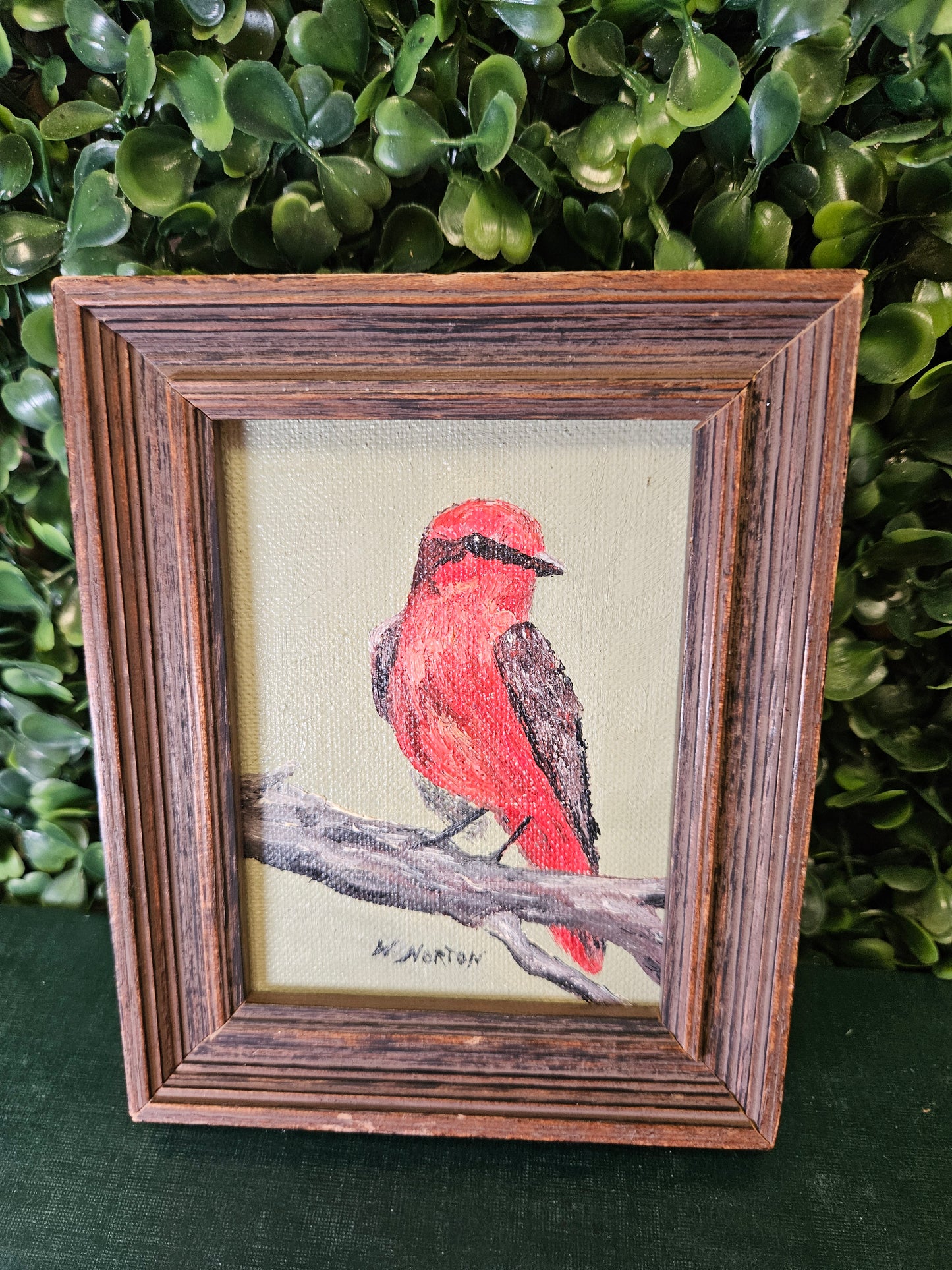 Sm. Vintage signed red bird painting 4x5" Red Robin