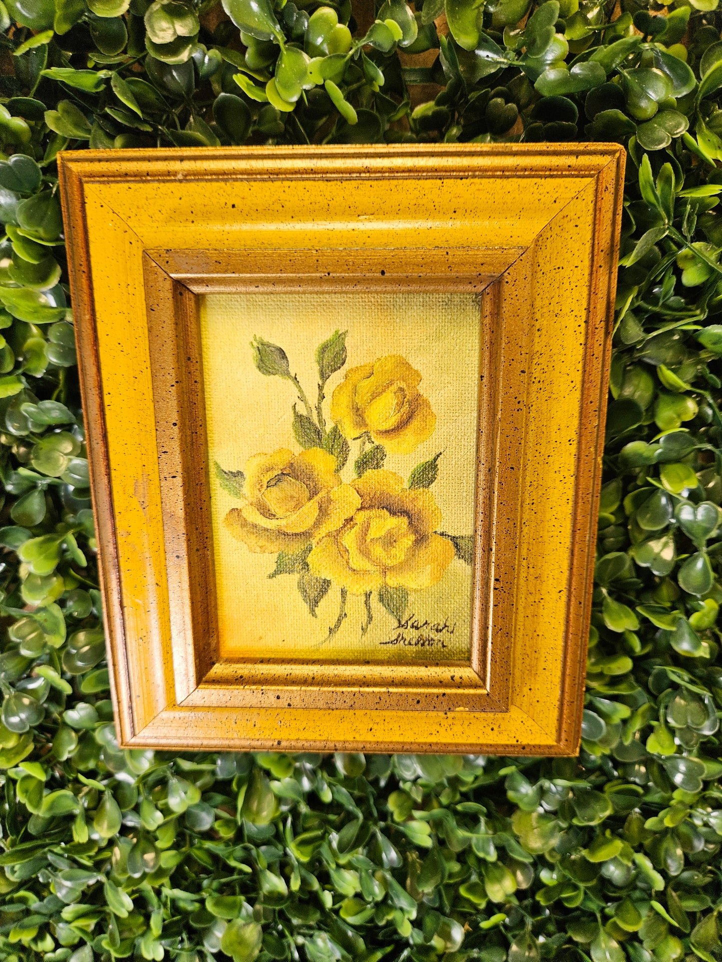 Sm. Vintage yellow roses signed painting - yellow frame