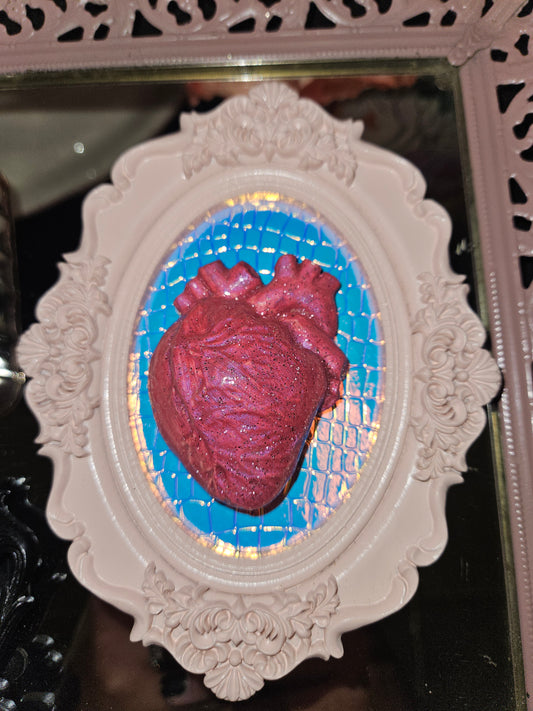 Pink round ornate frame holographic pink  heart
