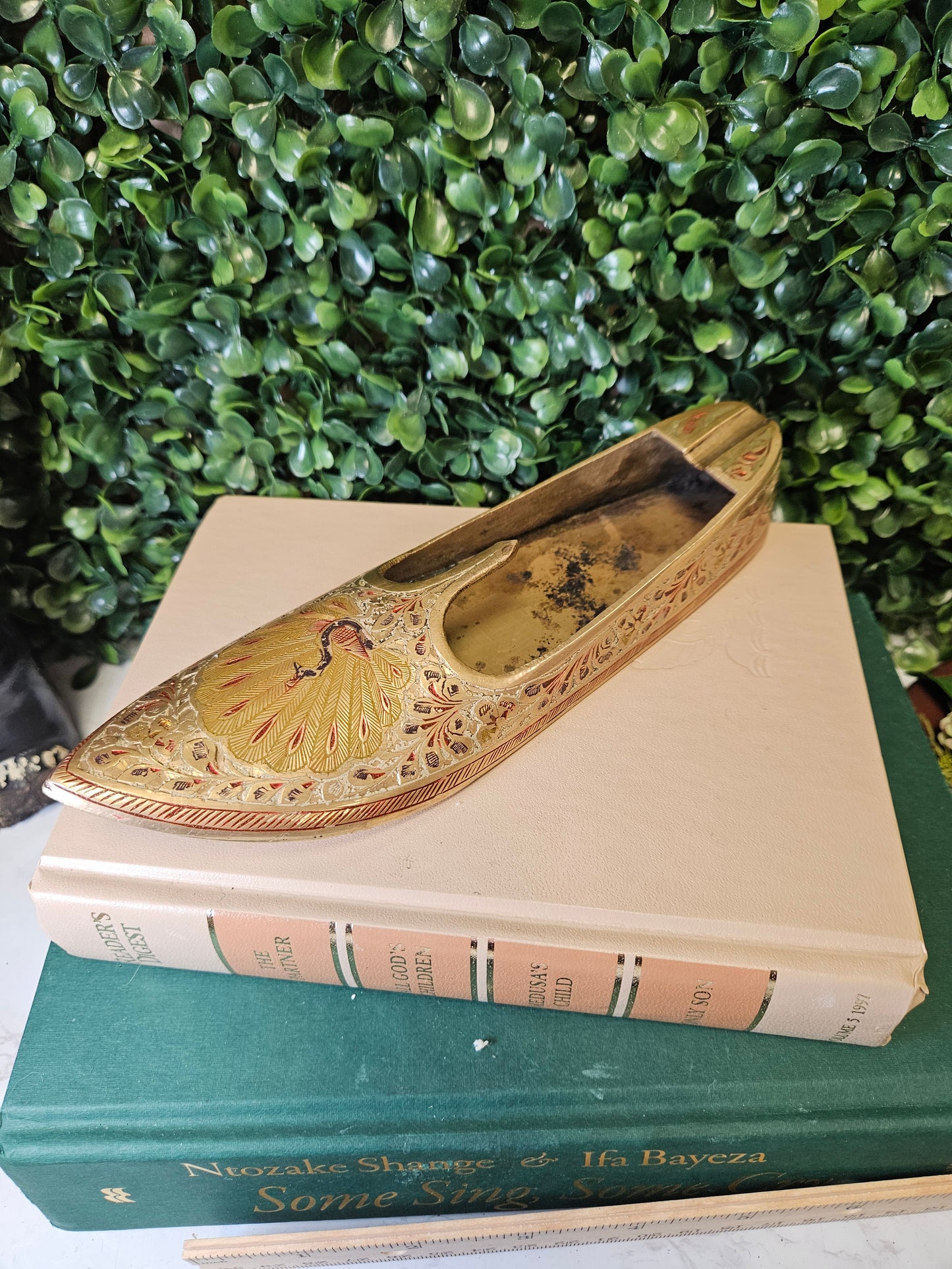 Large vintage brass peacock shoe ashtray / match holder