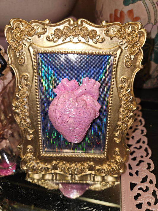 Gold frame holographic pink glitter heart