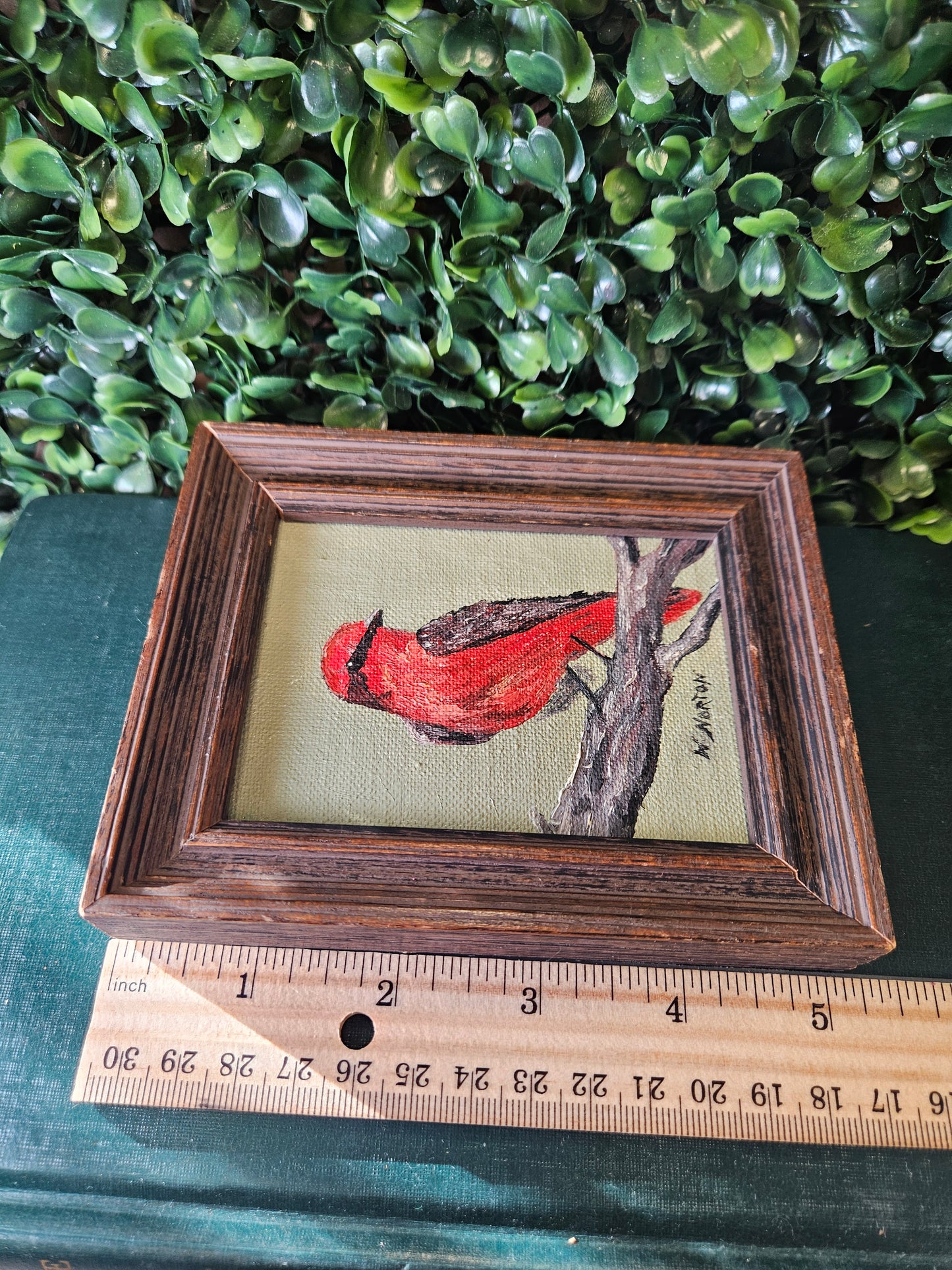 Sm. Vintage signed red bird painting 4x5" Red Robin