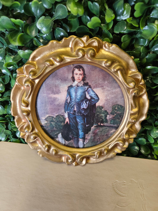 Vintage round ornate boy in blue small gold frame