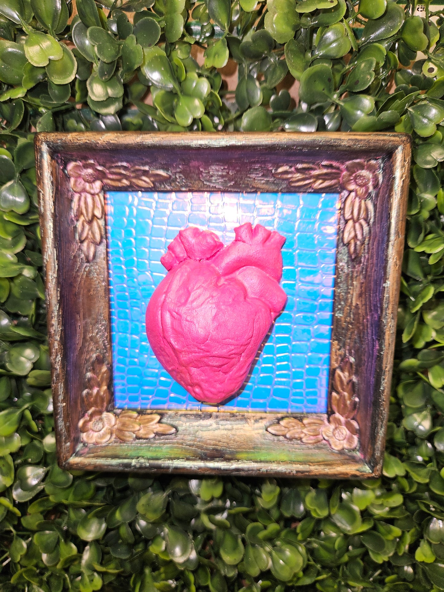 Pink anatomical heart - shiny faux gator skin square