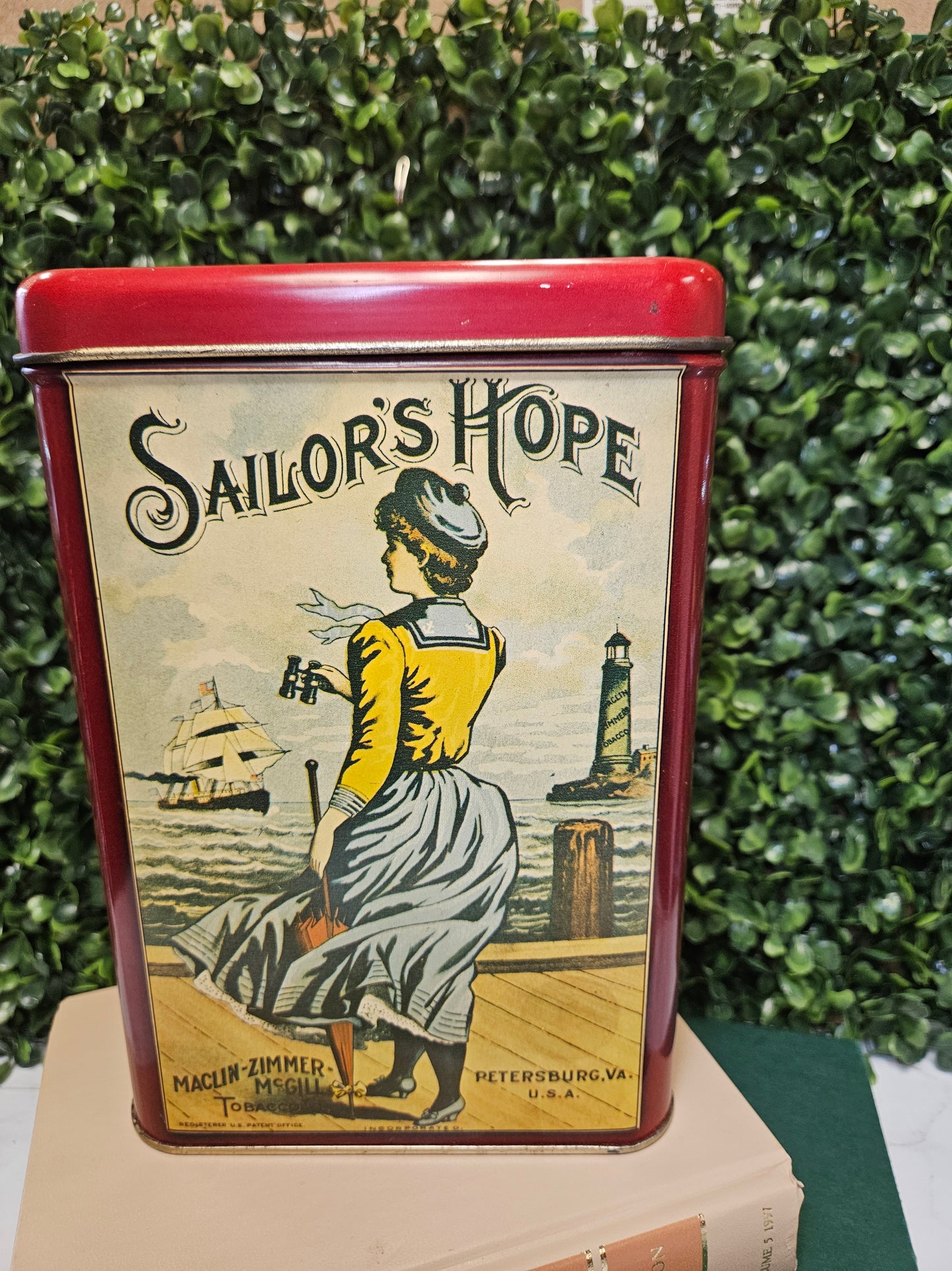 Vintage tin sailor's hope seaside red tin tobacco tin - beach - ocean - sailor