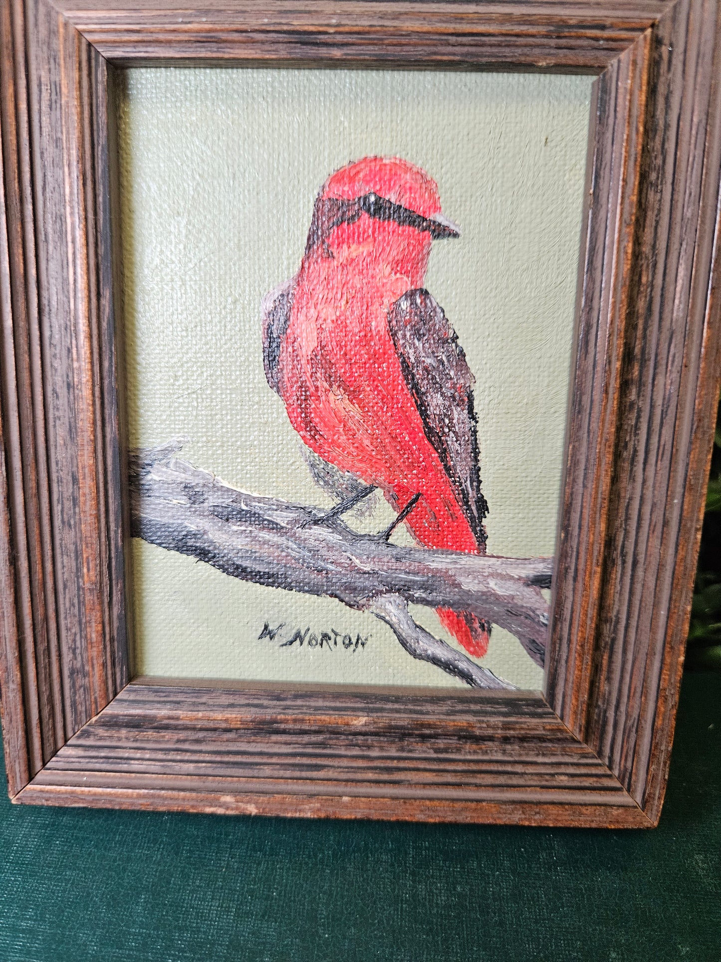 Sm. Vintage signed red bird painting 4x5" Red Robin