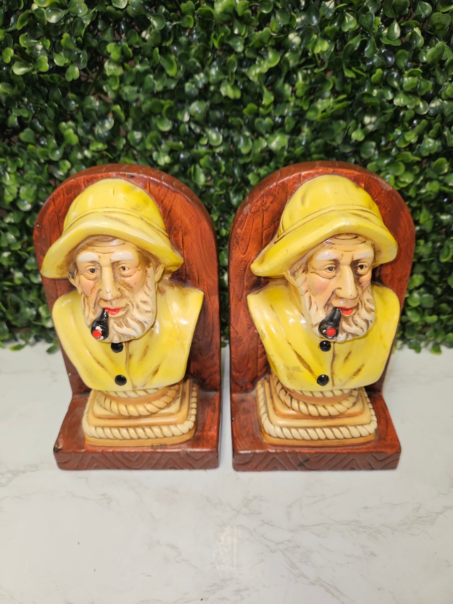 Vintage Sailor -Fisherman bookends - smoking pipe - bookends Nautical chalkware - sea captain - yellow