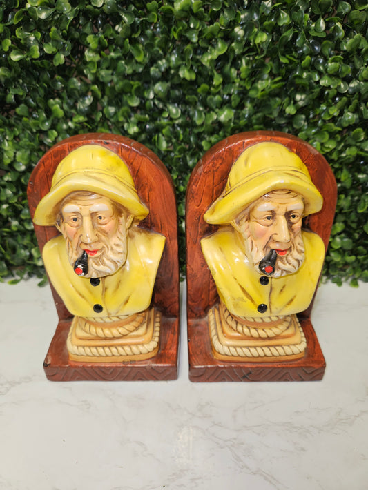 Vintage Sailor -Fisherman bookends - smoking pipe - bookends Nautical chalkware - sea captain - yellow